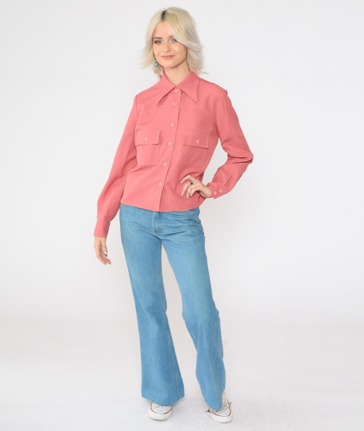 70s Pink Dagger Collar Button-Up Blouse Long Sleeve Chest Pocket Medium
