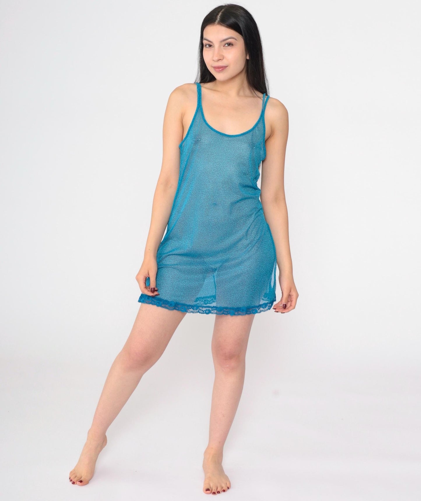 Victoria's Secret Y2K Slip Dress Blue Leopard Print Spaghetti Strap Chemise Medium