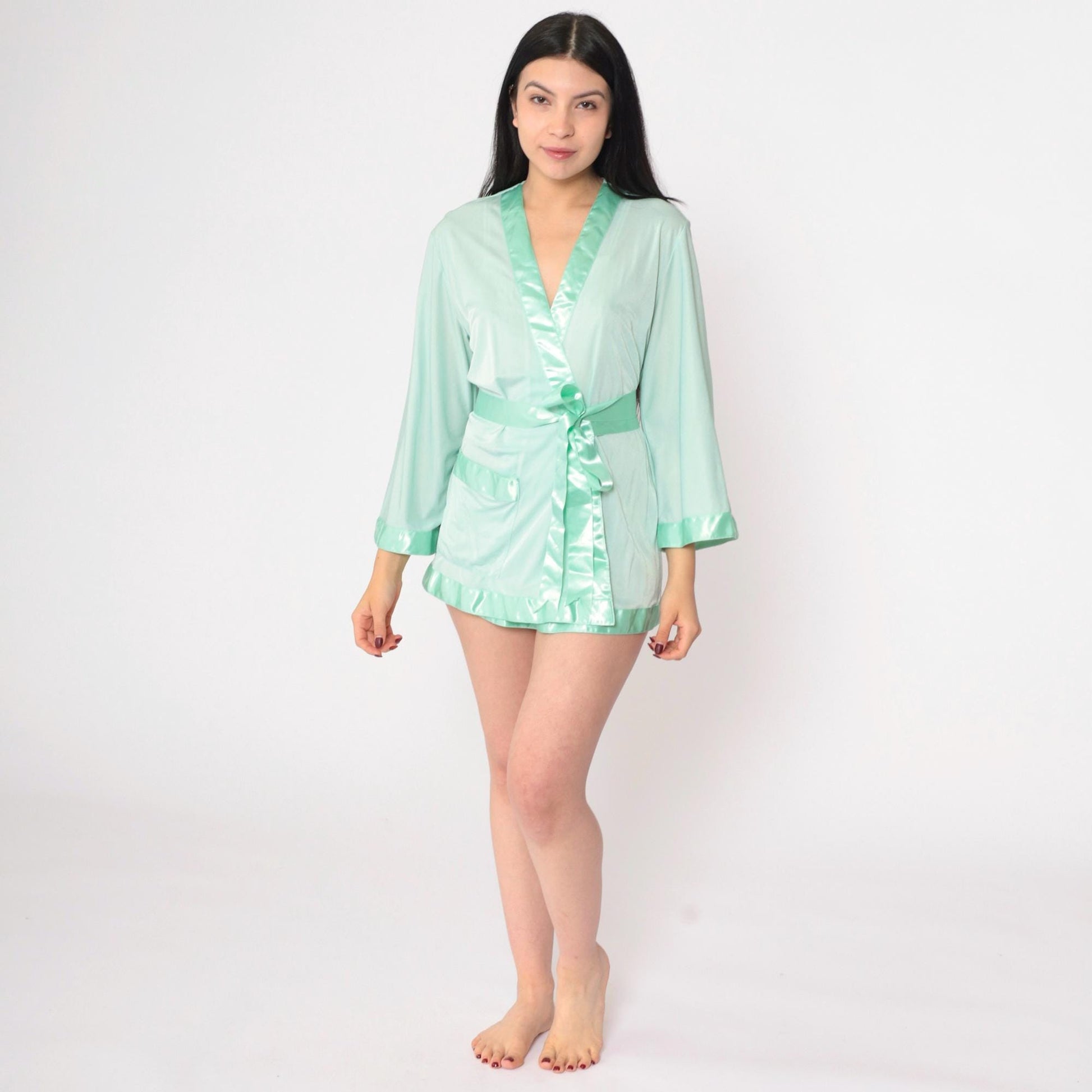 80s Mint Green Satin Trim Pajama Robe Wrap Tie Front Mini Medium