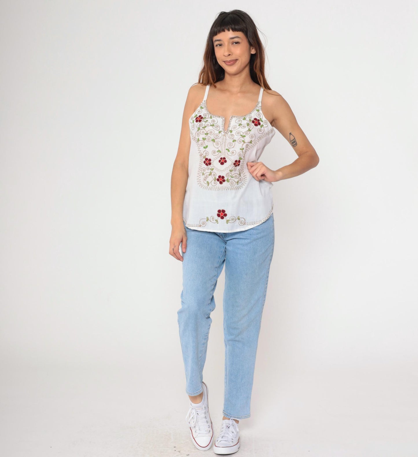 90s White Floral Embroidered Tank Top Spaghetti Strap Split Neck Small Medium
