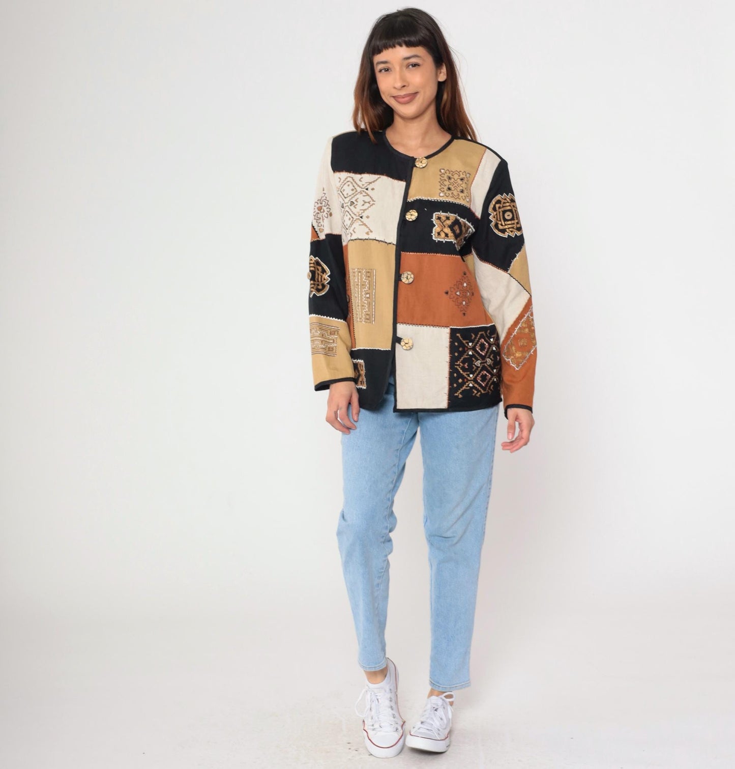 90s Allure Patchwork Geometric Blazer Metallic Tan Black Burnt Orange Medium