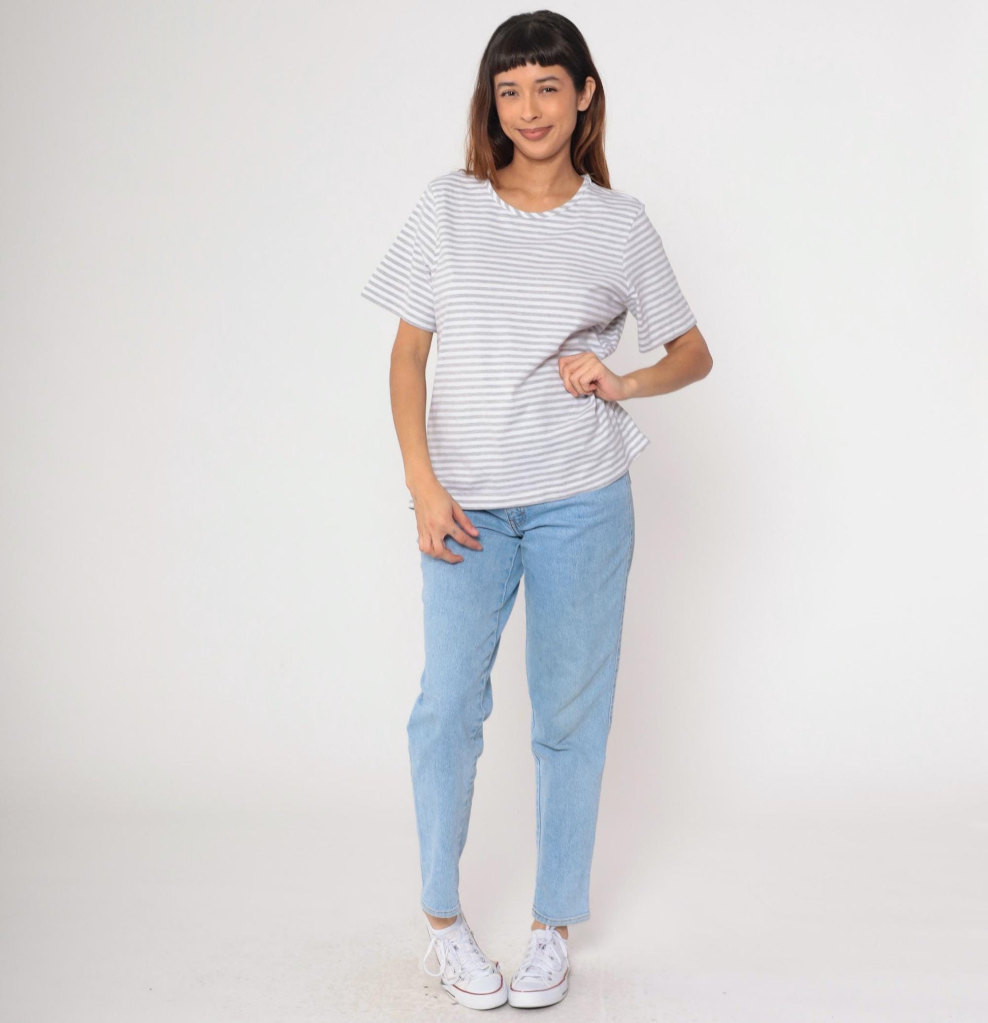 90s Grey & White Striped T-Shirt Cotton Blend Crewneck Large