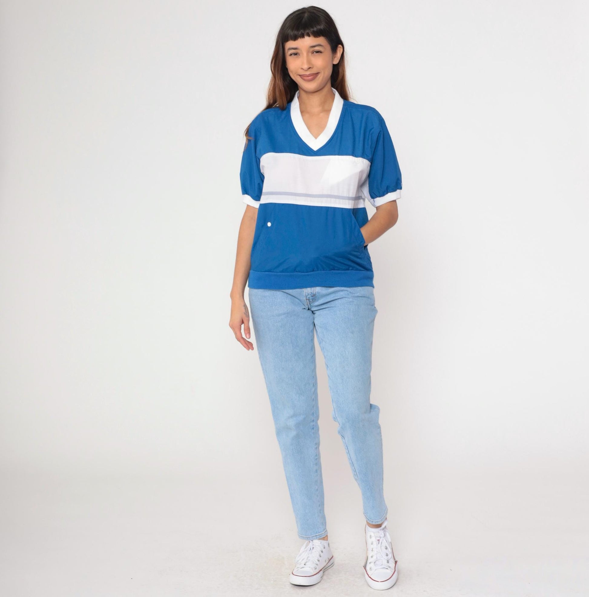 80s Pierre Cardin Ringer Tee White Blue Colour Block V-Neck Small S