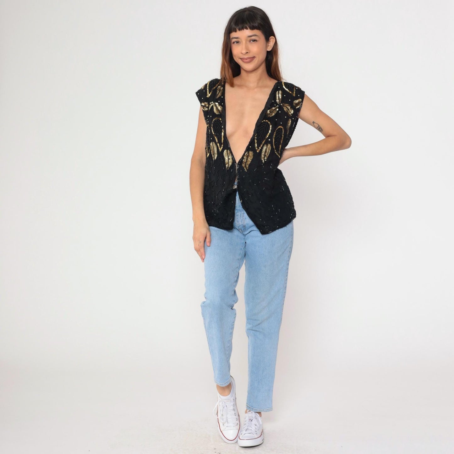 90s Midnight Run Black Silk Beaded Vest Gold Leaf Sequin Deep V Medium
