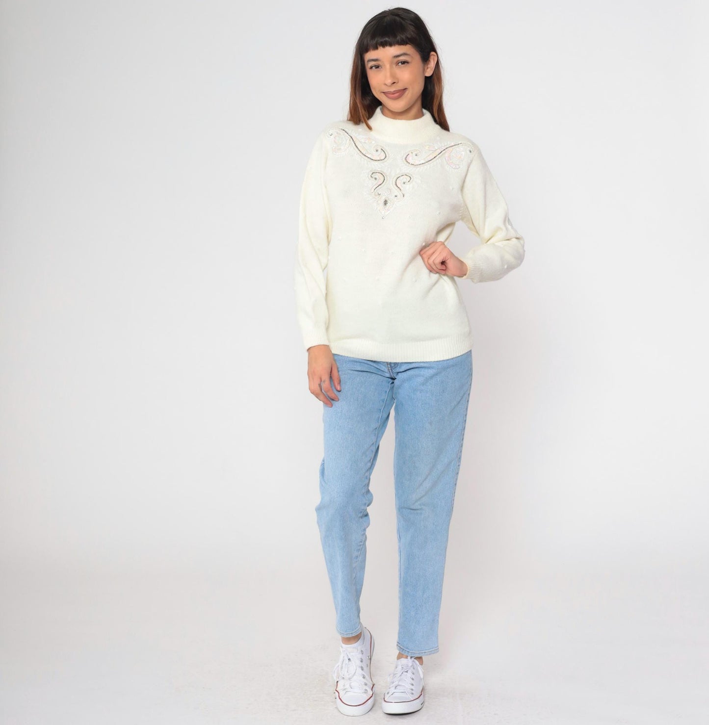 90s Alfred Dunner Sequin Beaded Sweater Cream Geometric Mock Neck Medium