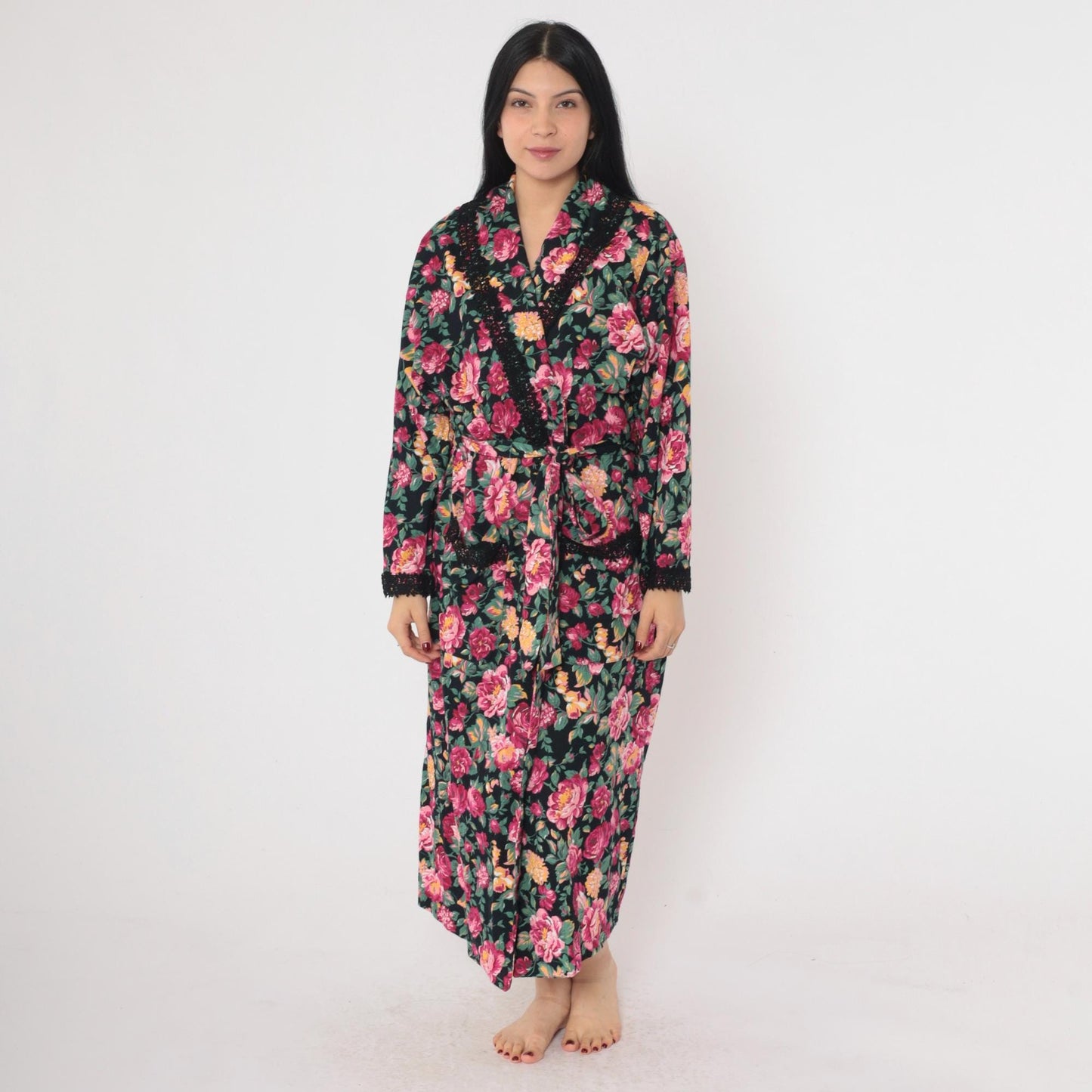 90s Victoria's Secret Floral Robe Pink Black Lace Trim Wrap Ankle Length Small Petite
