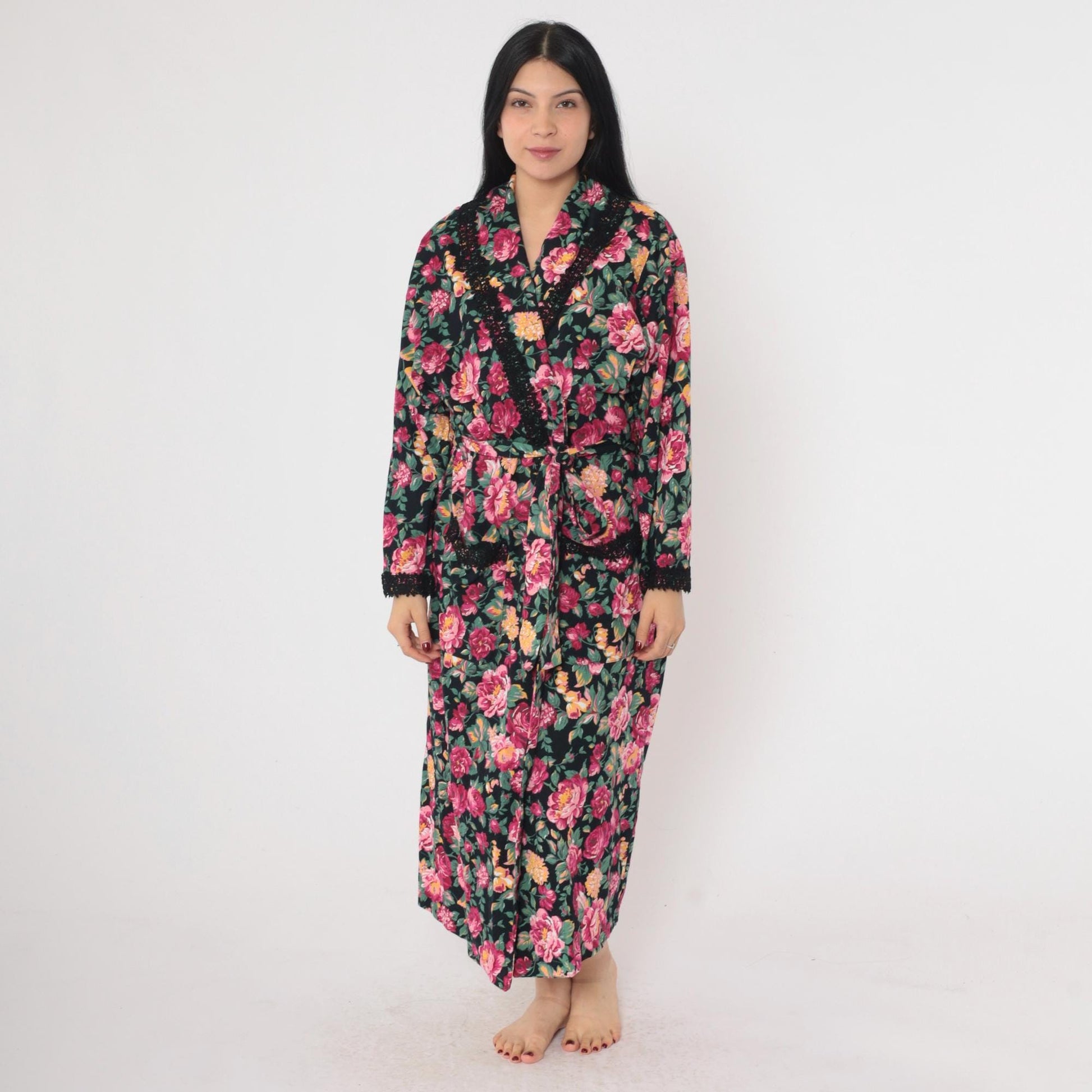 90s Victoria's Secret Floral Robe Pink Black Lace Trim Wrap Ankle Length Small Petite