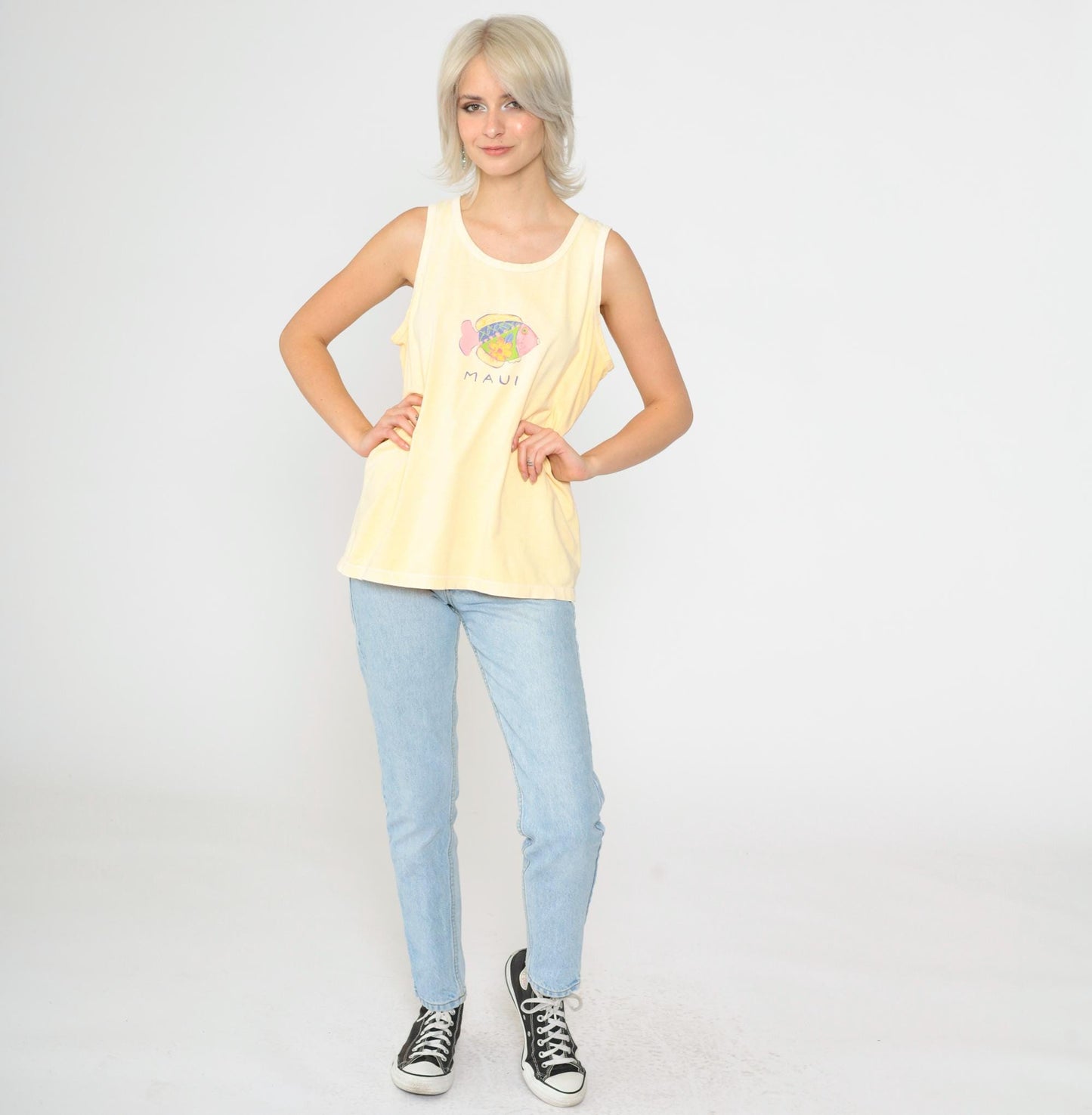 90s Maui Fish Shirt Yellow Tropical Tank Top Cotton Medium
