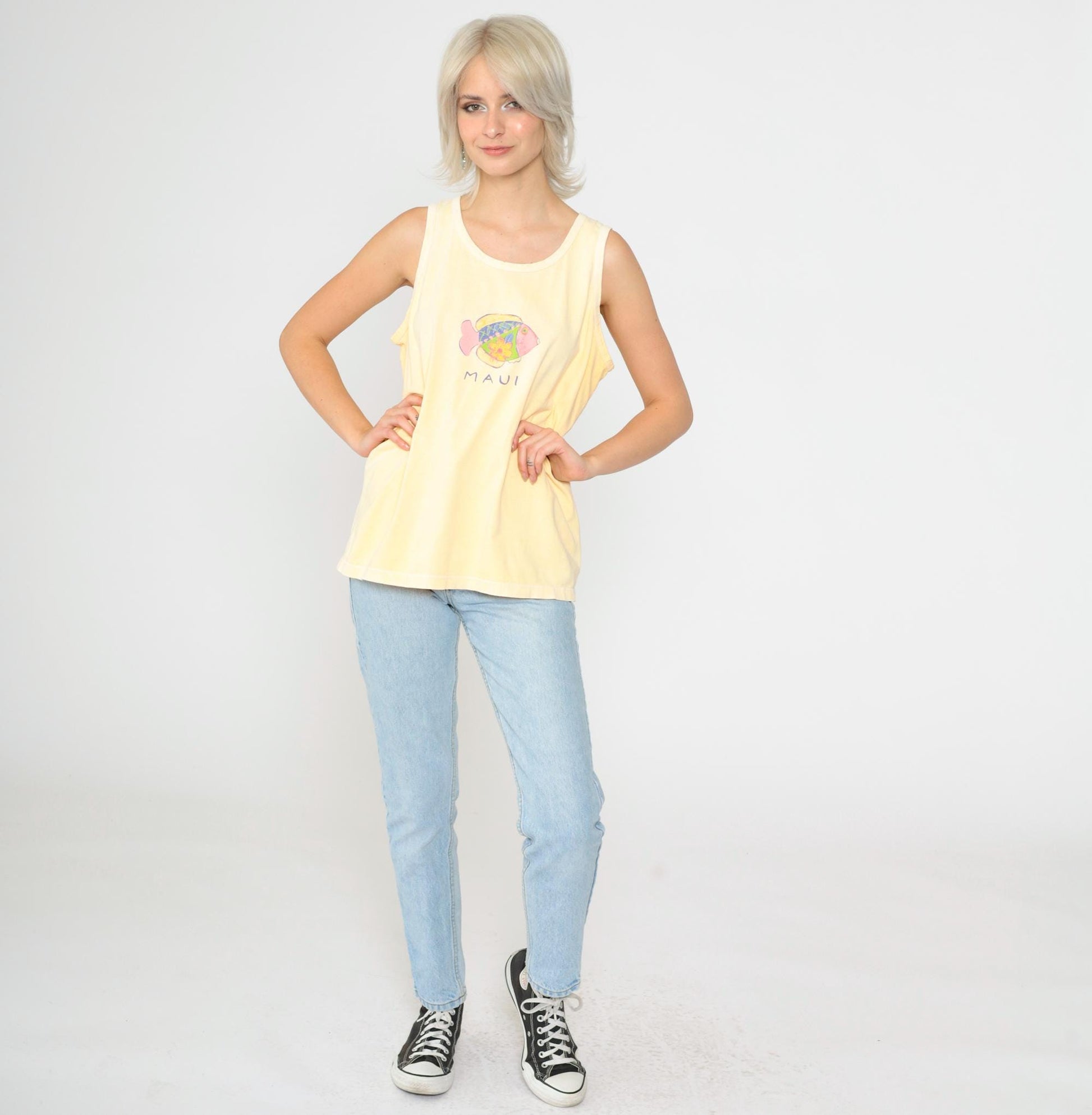 90s Maui Fish Shirt Yellow Tropical Tank Top Cotton Medium