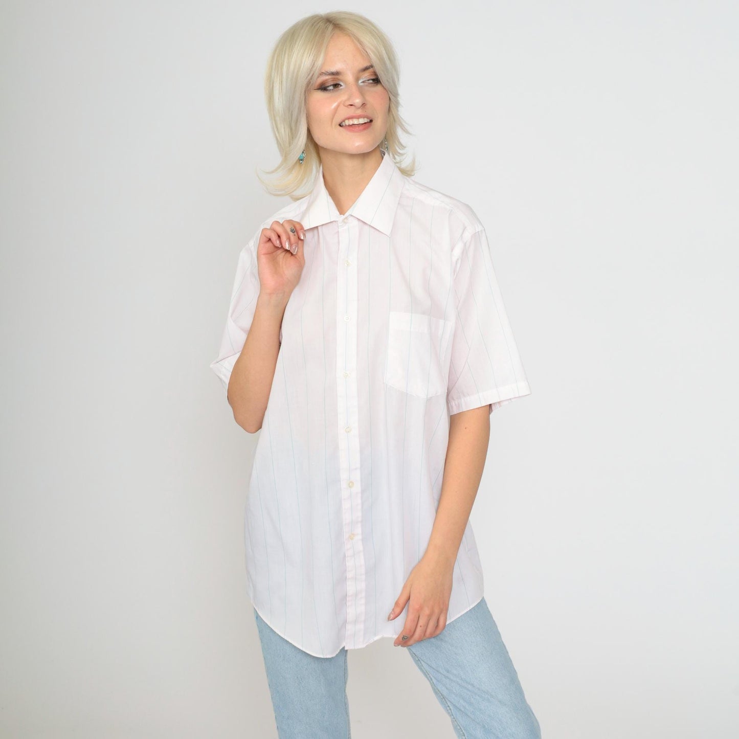 90s Van Heusen Striped Oxford Button-Up Shirt Baby Pink Blue Men's Medium