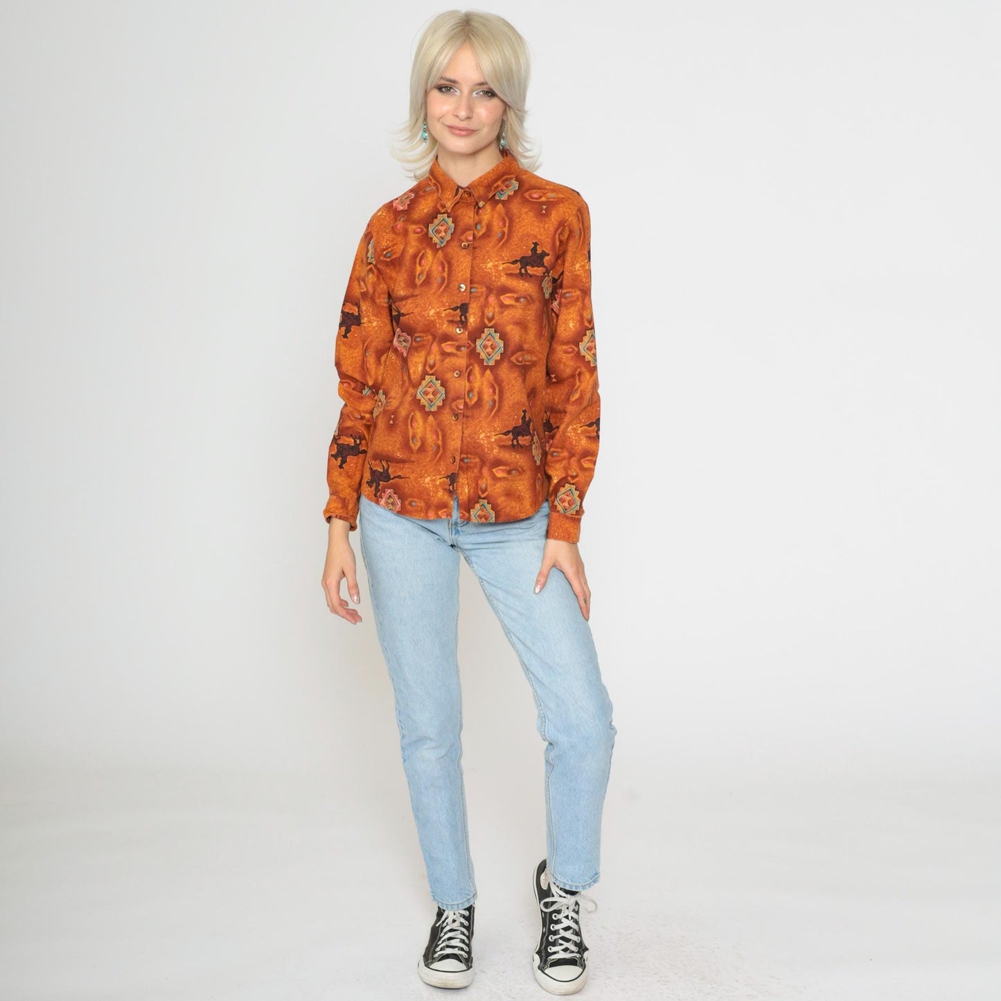 90s Panhandle Slim Western Cowboy Shirt Burnt Orange Horse Print Small