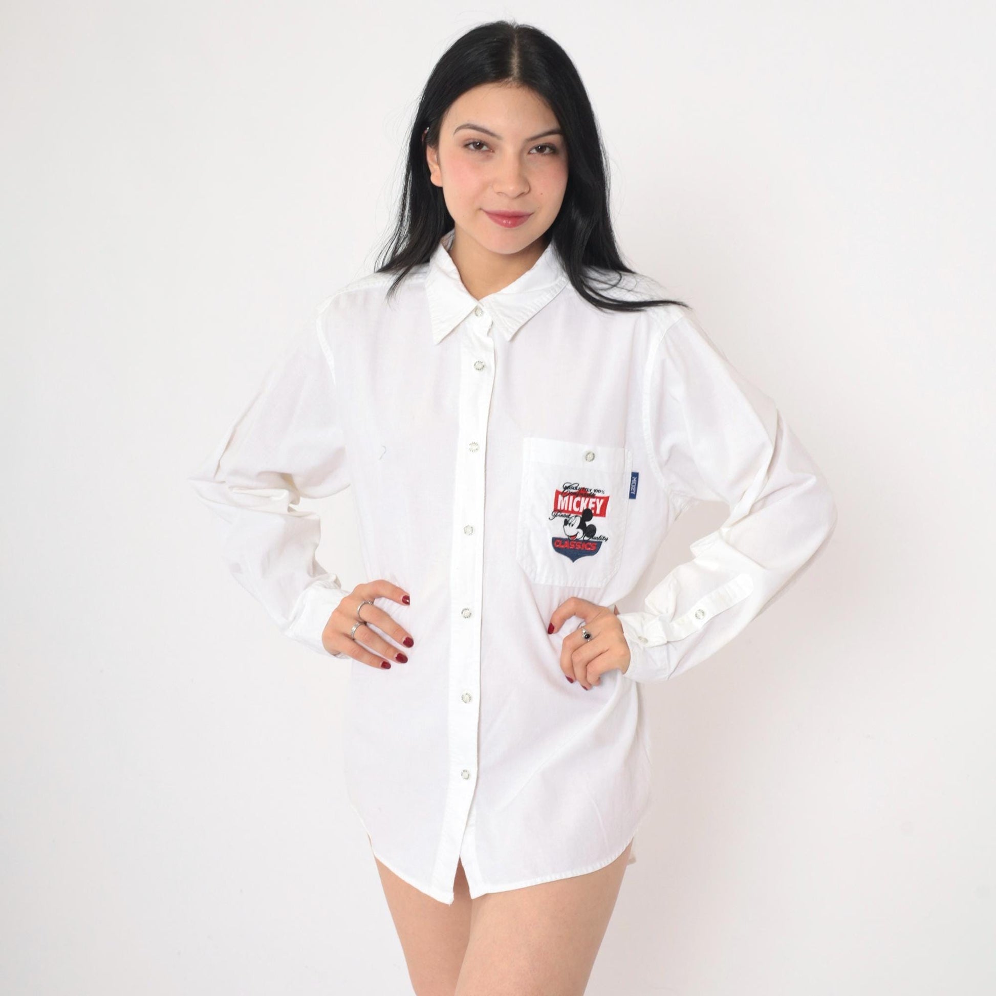 90s Mickey Unlimited Disney Shirt White Cotton Button Up Long Sleeve Large