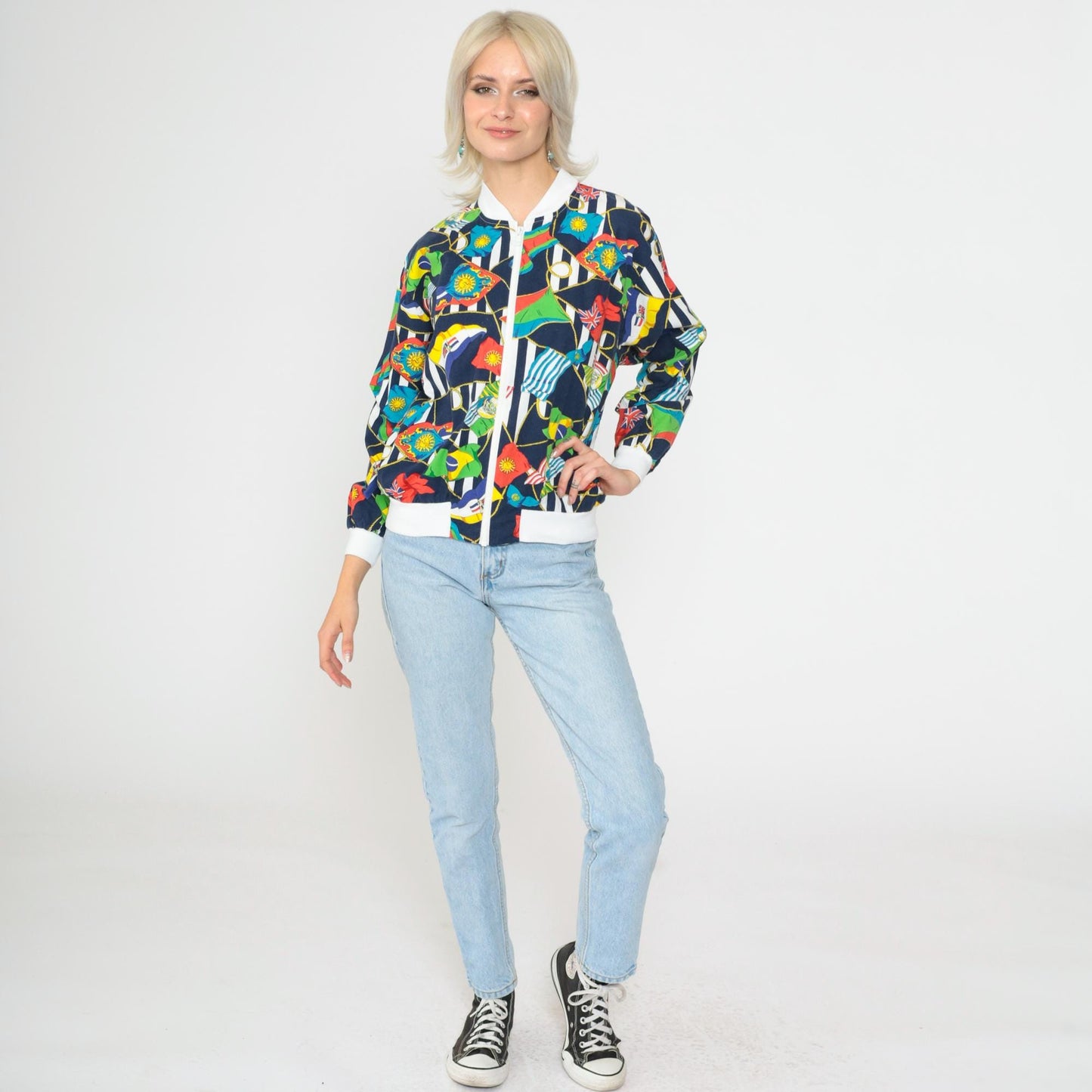 90s Nautical Windbreaker Jacket World Flags Print Navy Blue Medium
