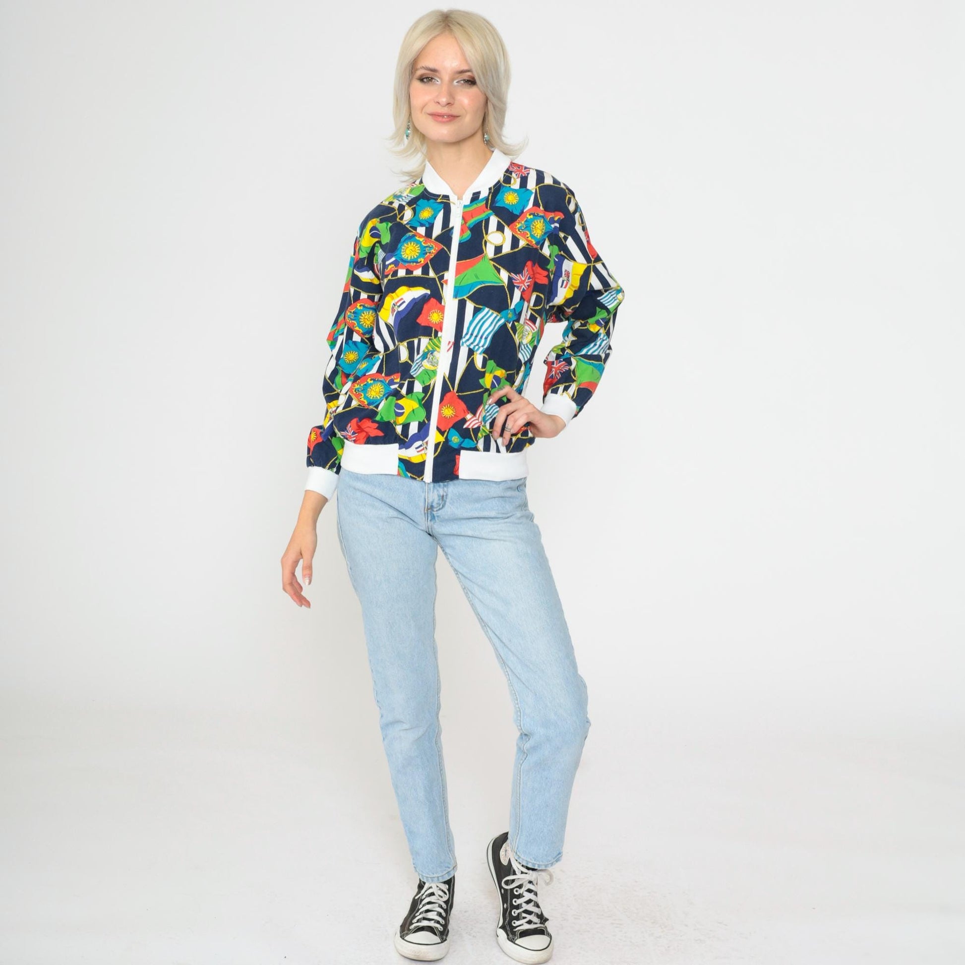 90s Nautical Windbreaker Jacket World Flags Print Navy Blue Medium