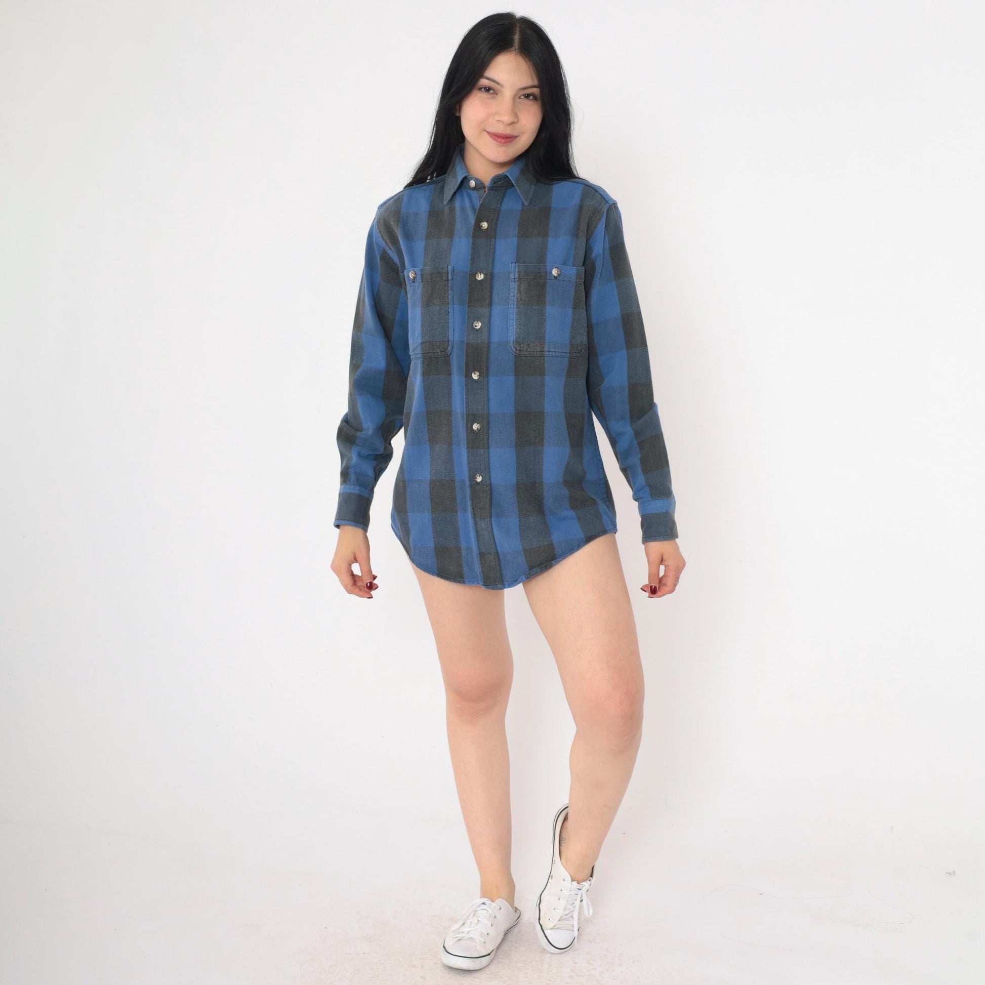 90s St Johns Bay Buffalo Plaid Button-Up Shirt Blue Black Cotton Small