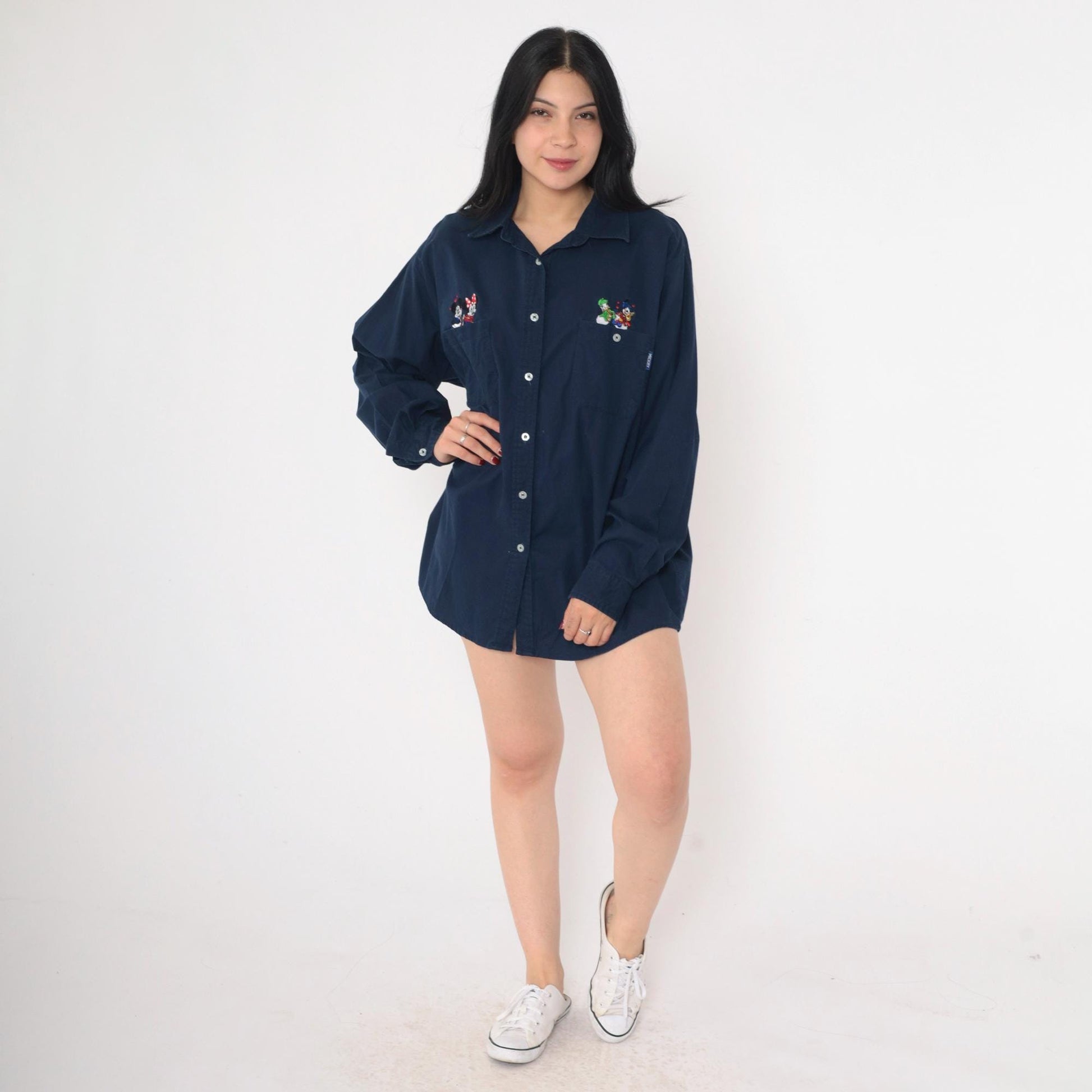 90s Mickey Unlimited Disney Embroidered Button Up Shirt Navy Large