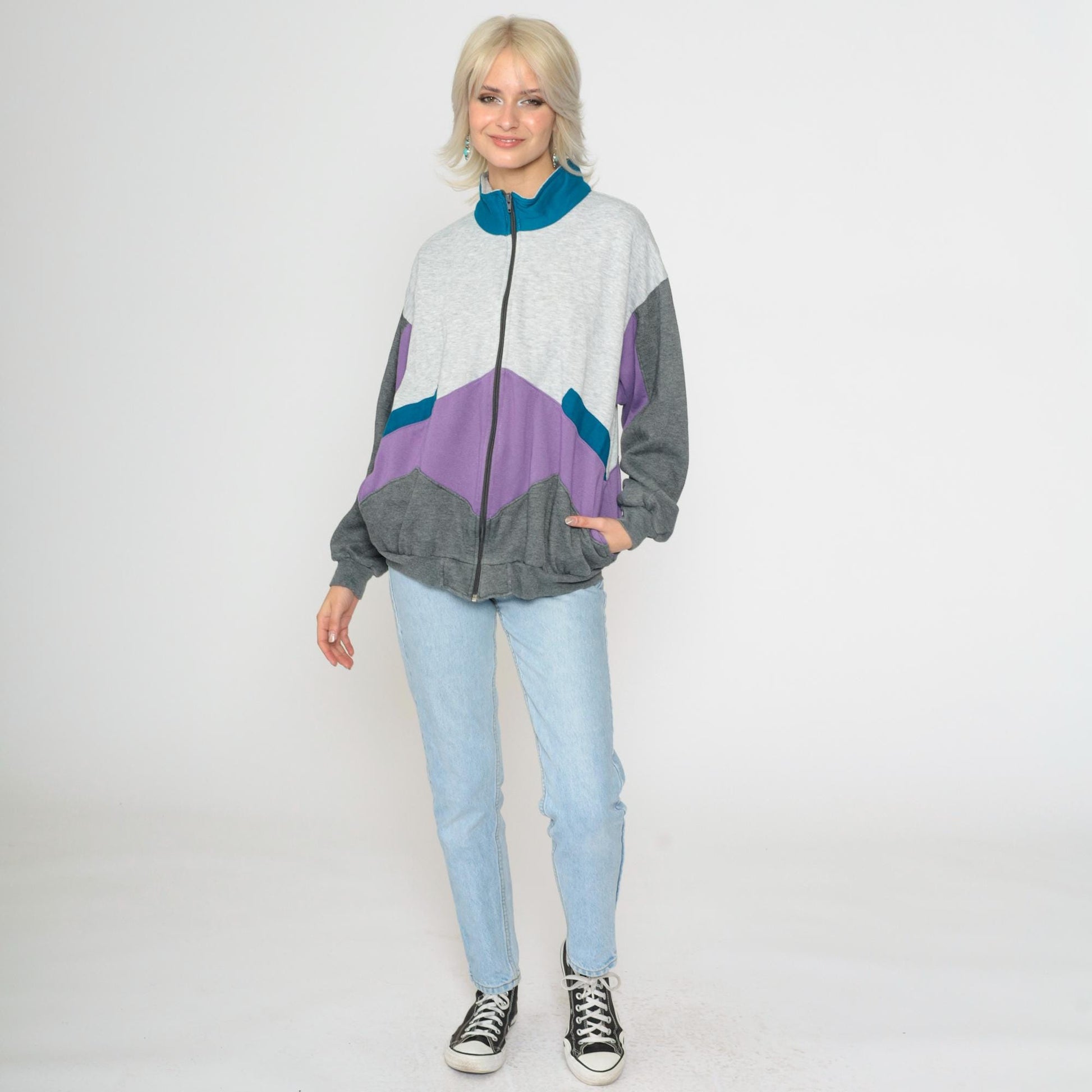 90s Colorblock Zip Sweatshirt Grey Purple Track Jacket Large L