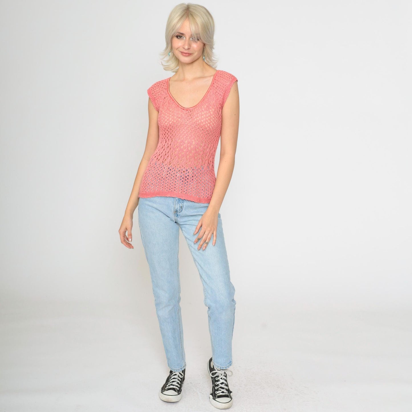 90s Pink Crochet Short Sleeve Top Sheer Knit Blouse Small