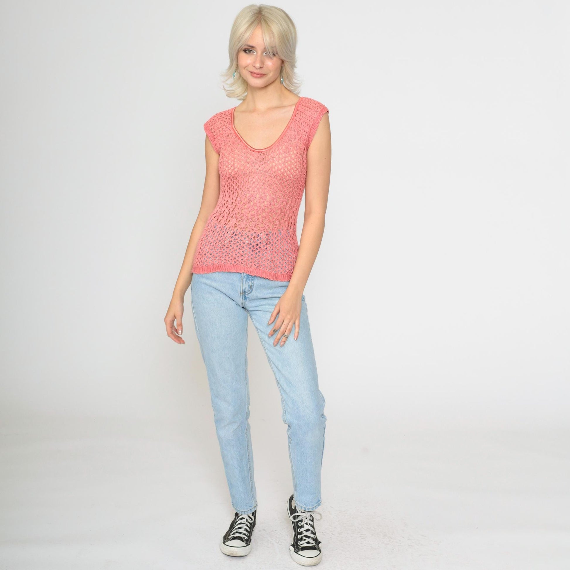 90s Pink Crochet Short Sleeve Top Sheer Knit Blouse Small