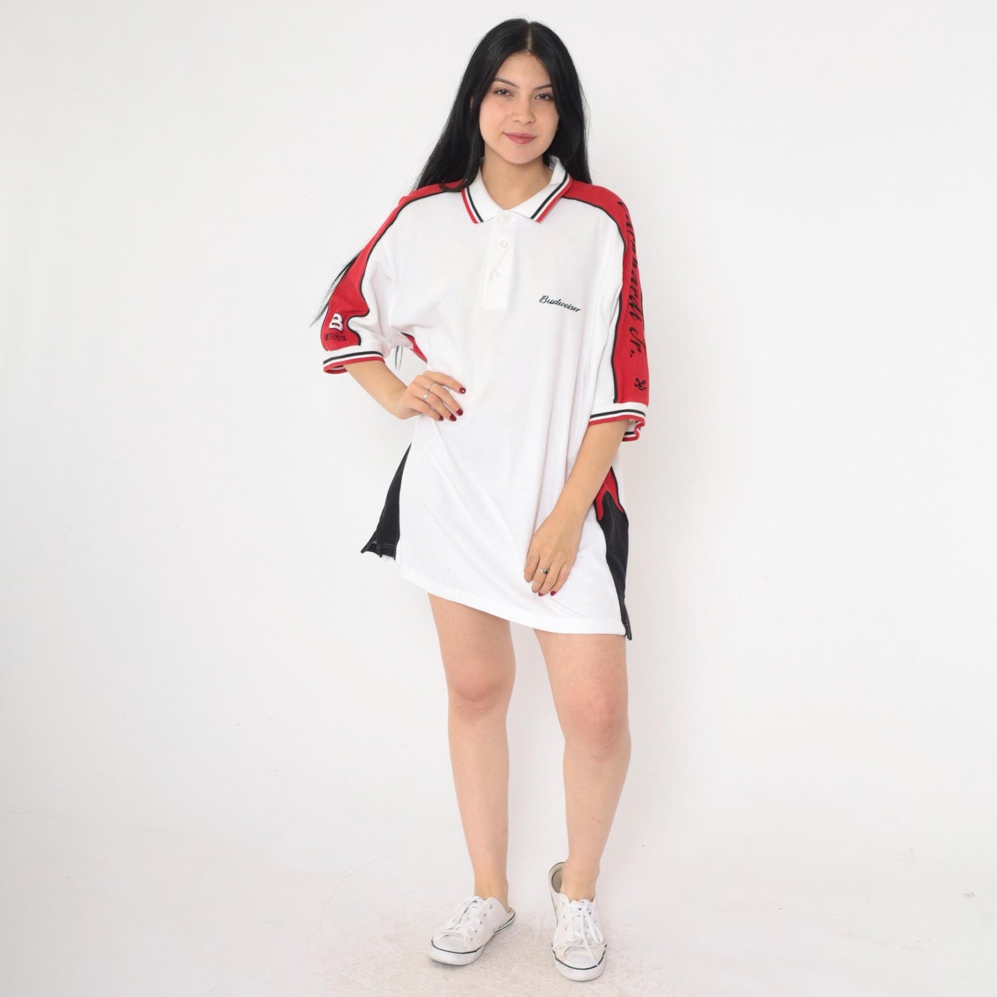 Y2K Budweiser Dale Earnhardt Jr NASCAR Polo Shirt White Red Striped XL