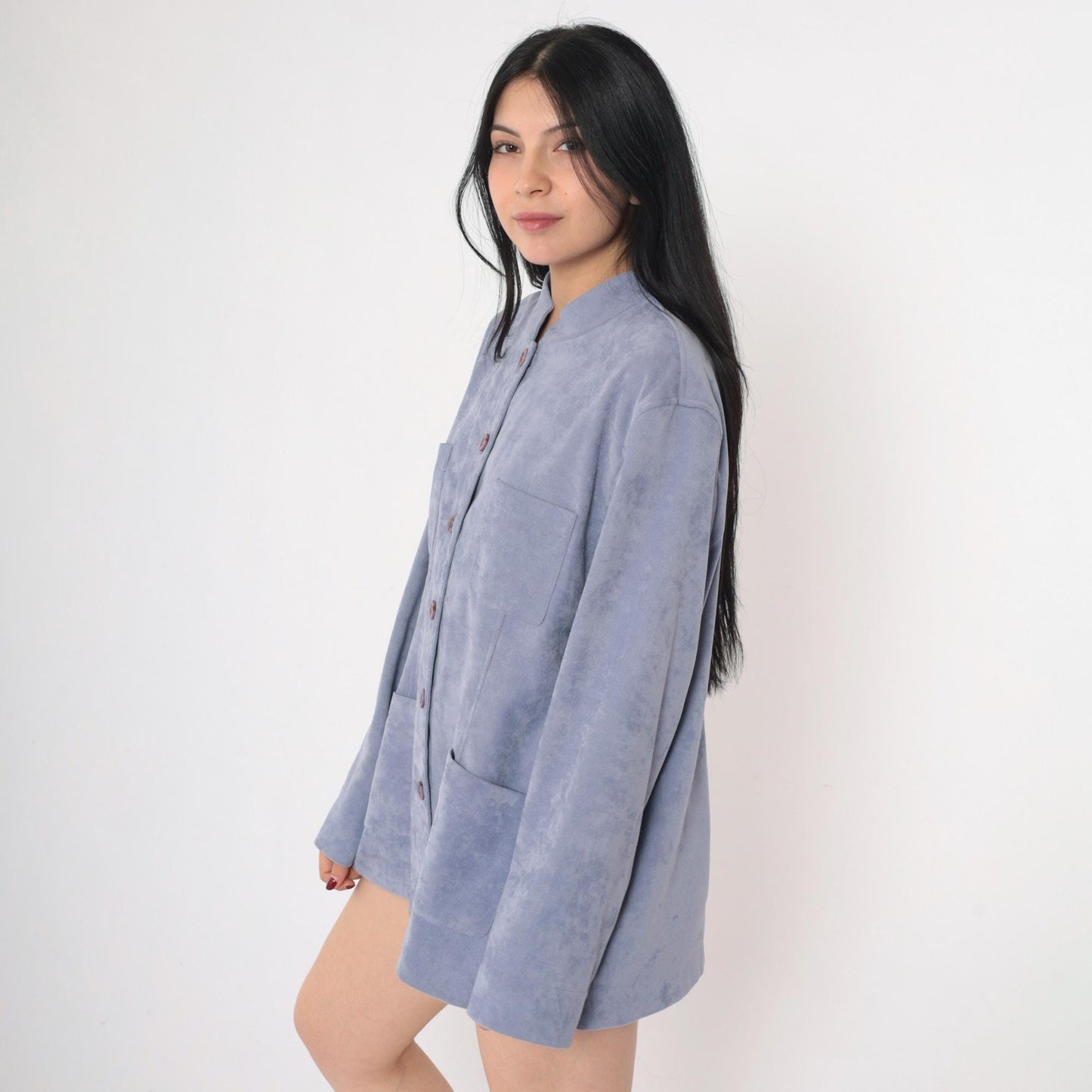 90s Blue Mottled Ribbed Jacket Stand Collar Button-Up Shacket Extra Large