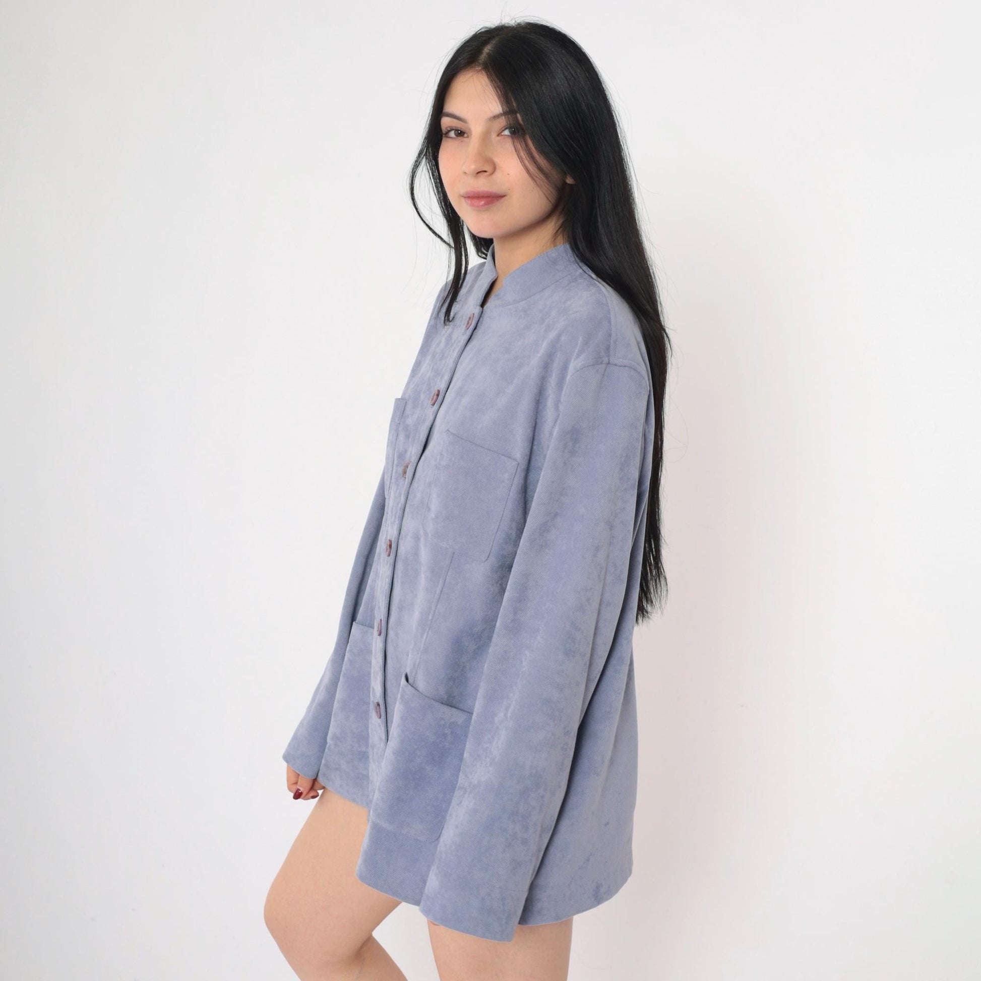 90s Blue Mottled Ribbed Jacket Stand Collar Button-Up Shacket Extra Large