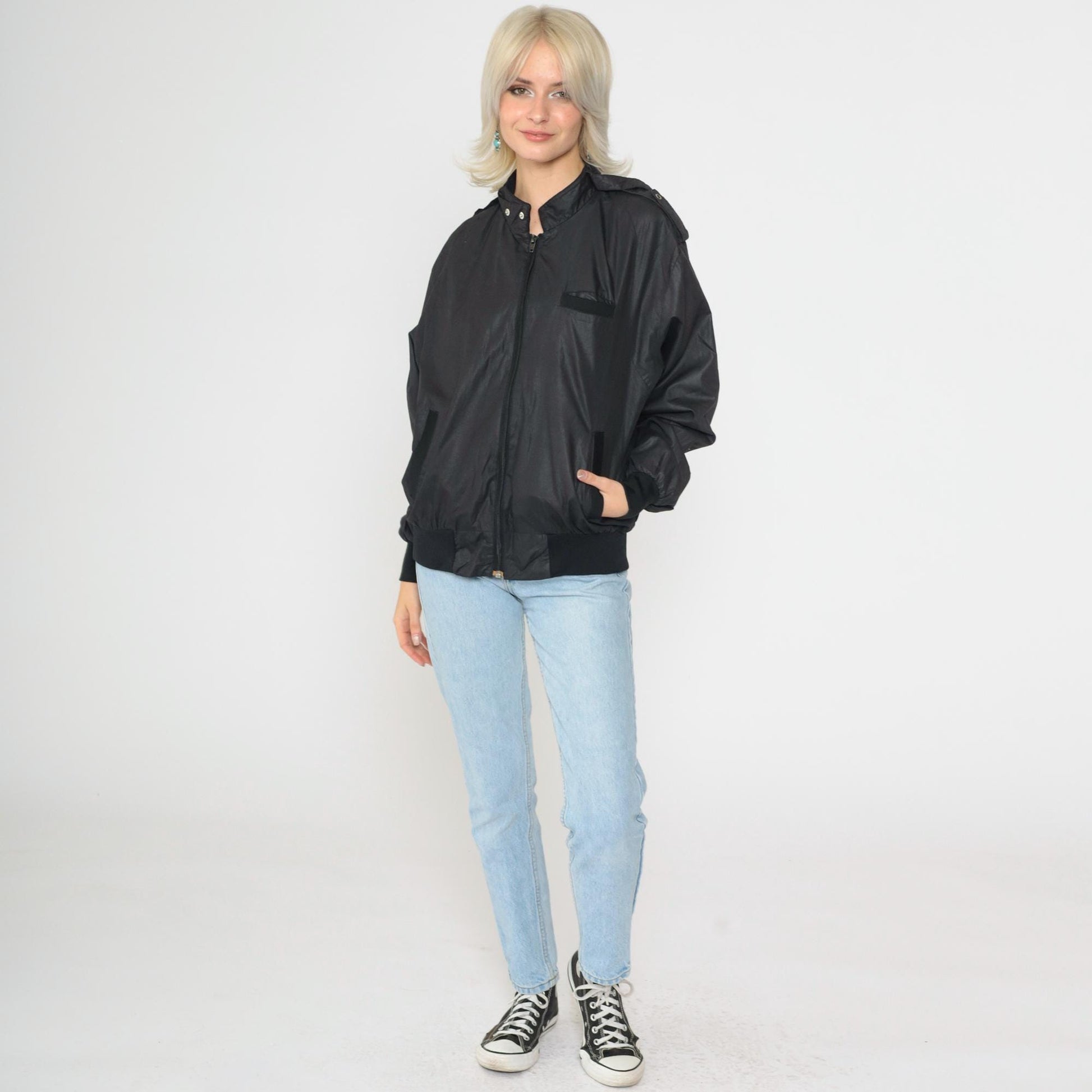 80s Aventura Black Shiny Bomber Jacket Zip Windbreaker Large L