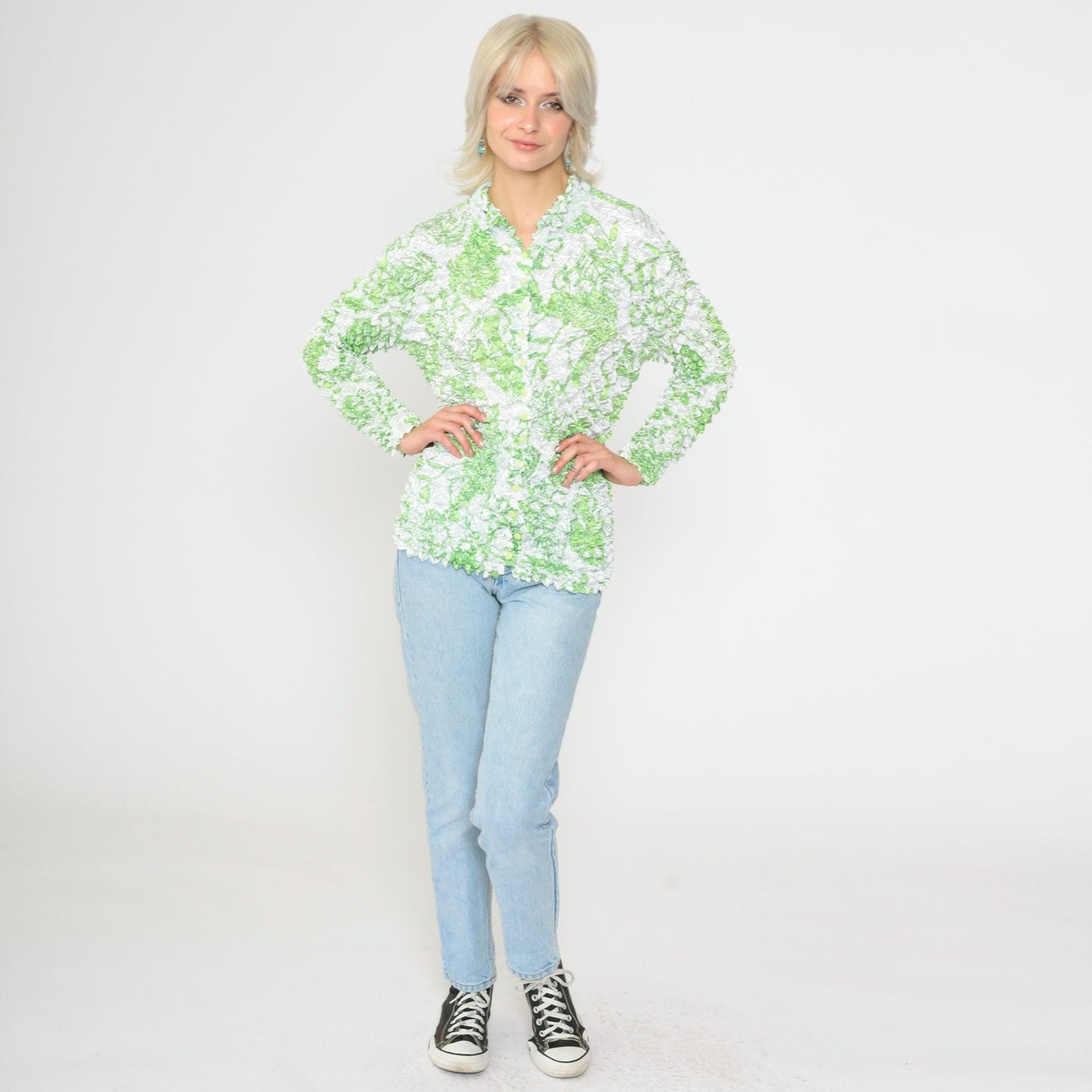 Y2K Tropical Leaf Popcorn Shirt White Green Long Sleeve Button Up Small
