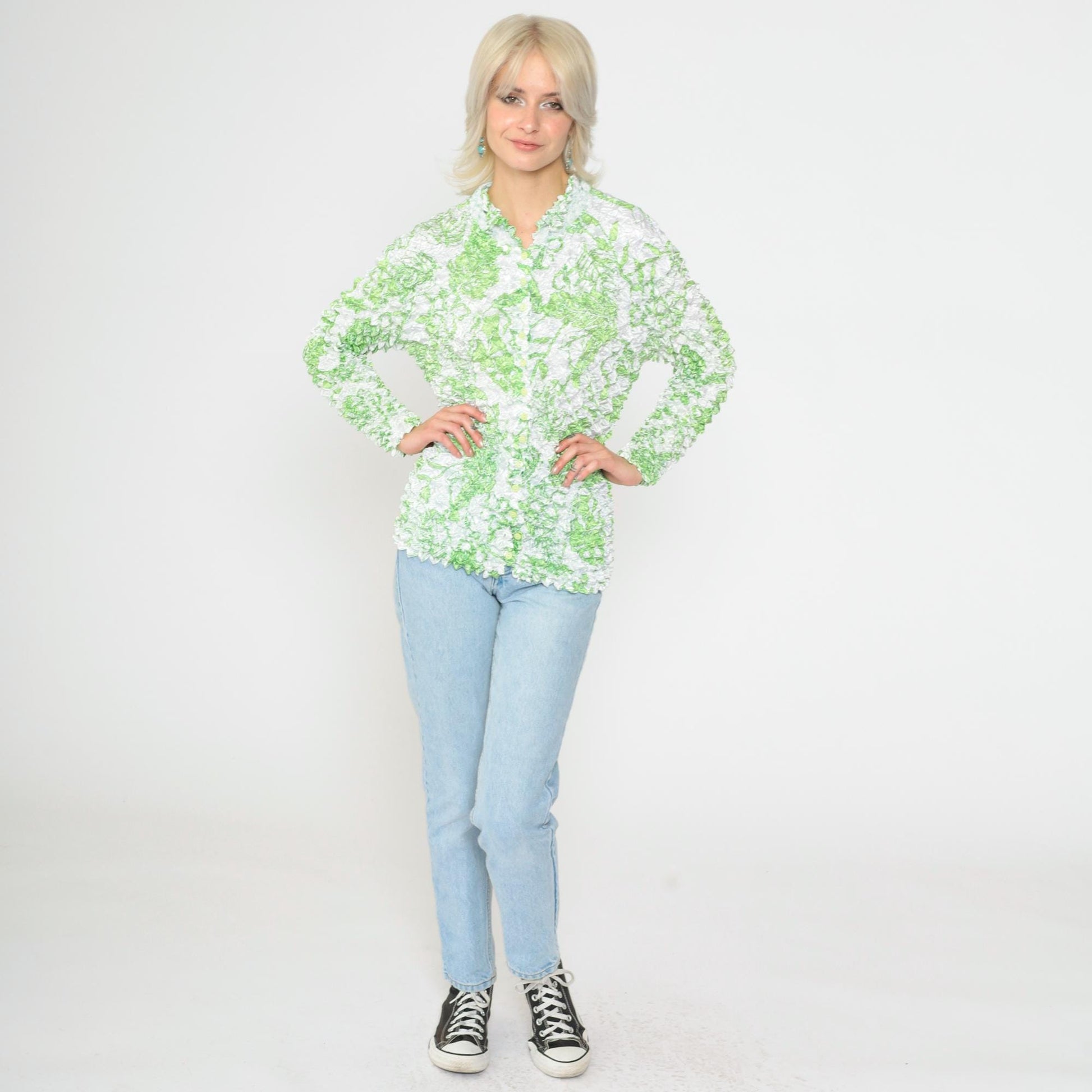 Y2K Tropical Leaf Popcorn Shirt White Green Long Sleeve Button Up Small