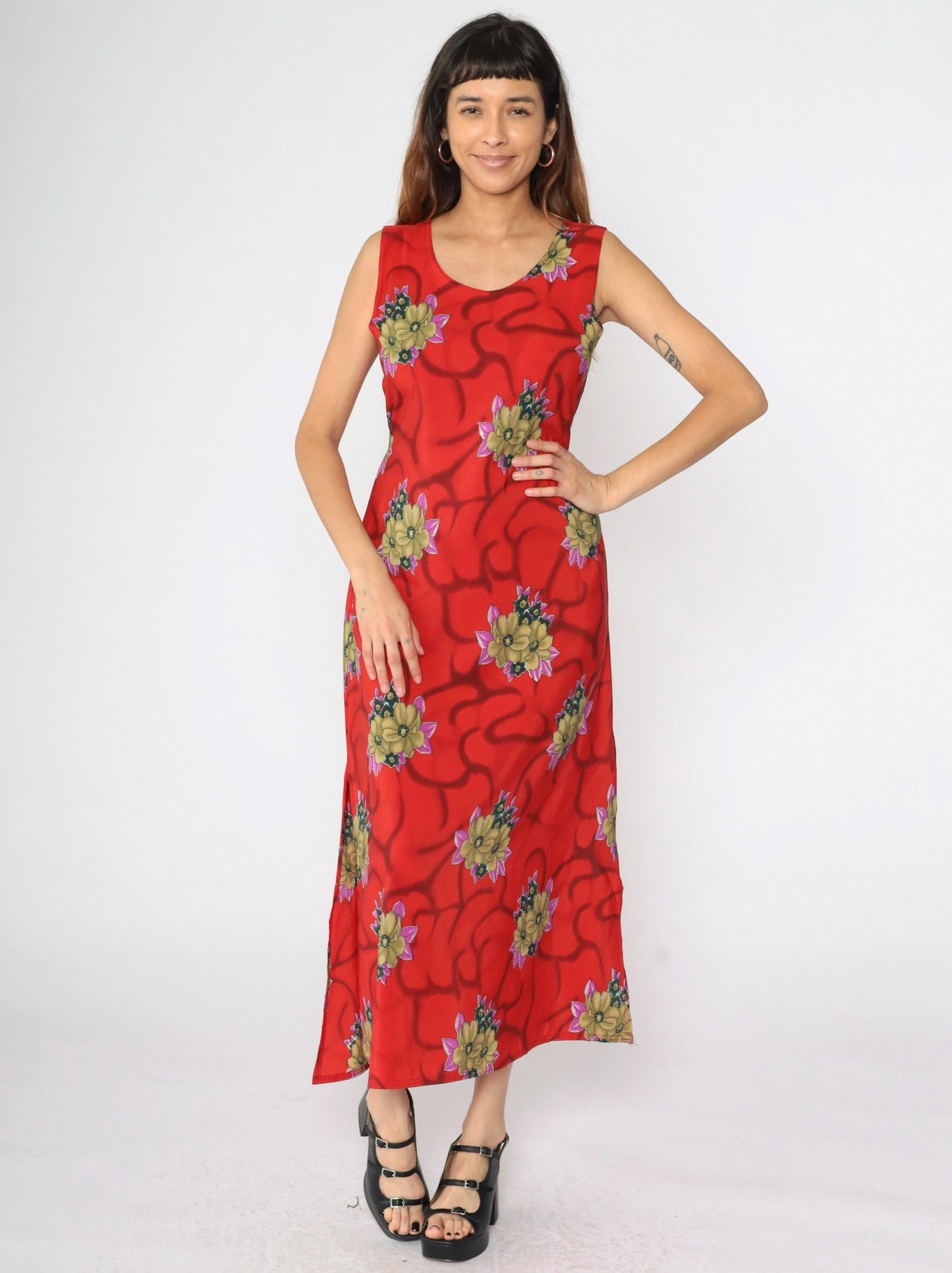 90s Red Floral Maxi Dress Sleeveless Scoop Neck Small S