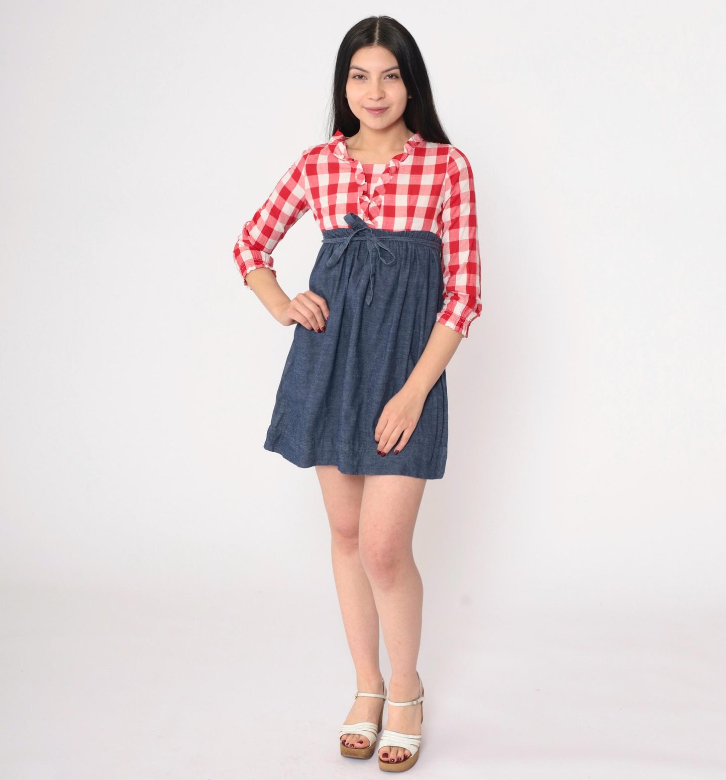 70s Babydoll Mini Dress Red Buffalo Plaid Empire Waist Ruffled Neckline XS