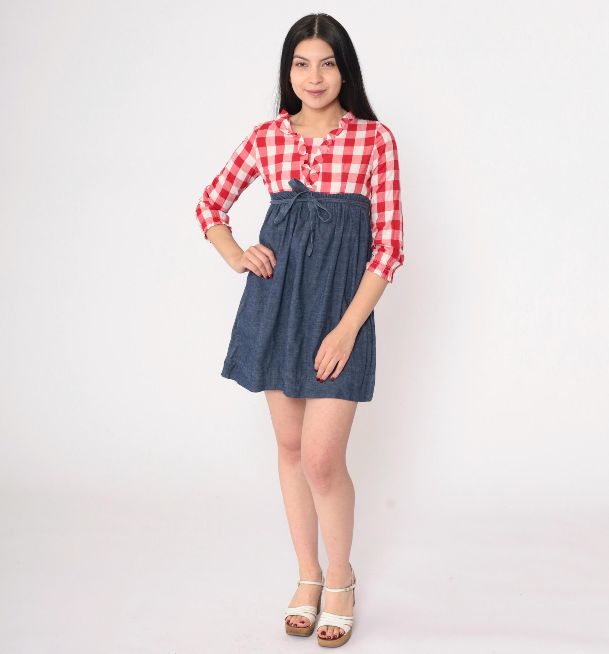 70s Babydoll Mini Dress Red Buffalo Plaid Empire Waist Ruffled Neckline XS