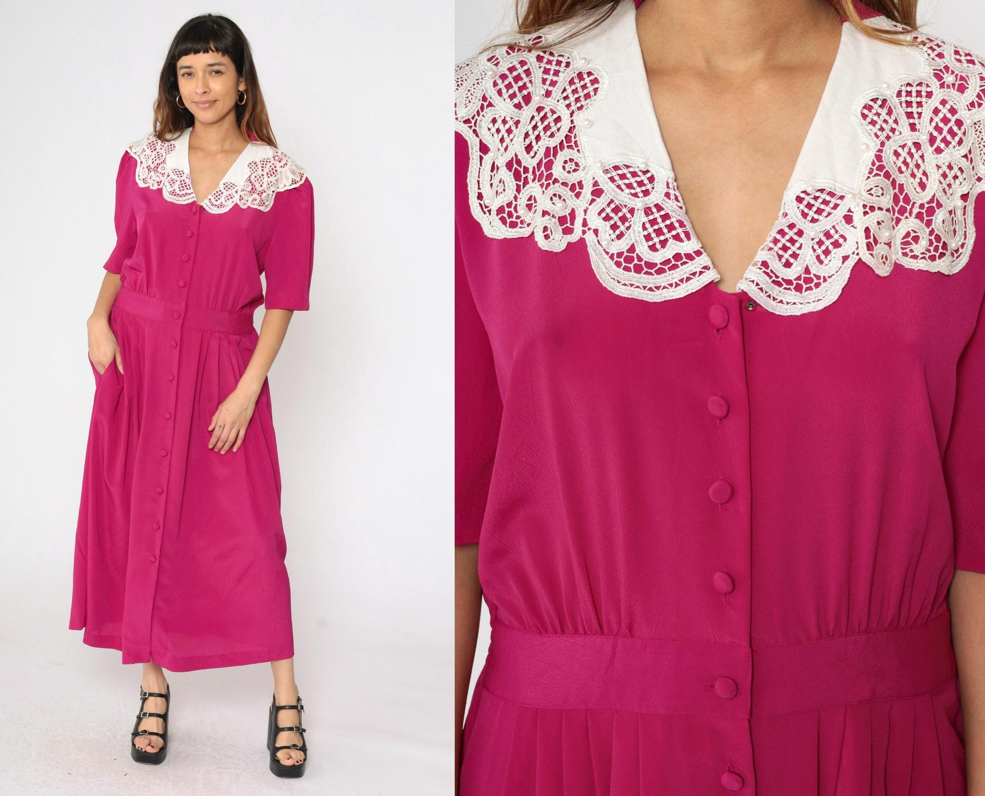 80s Fuchsia Pearl Beaded Lace Collar Button-Up Dress Puff Sleeve Ankle Length Medium