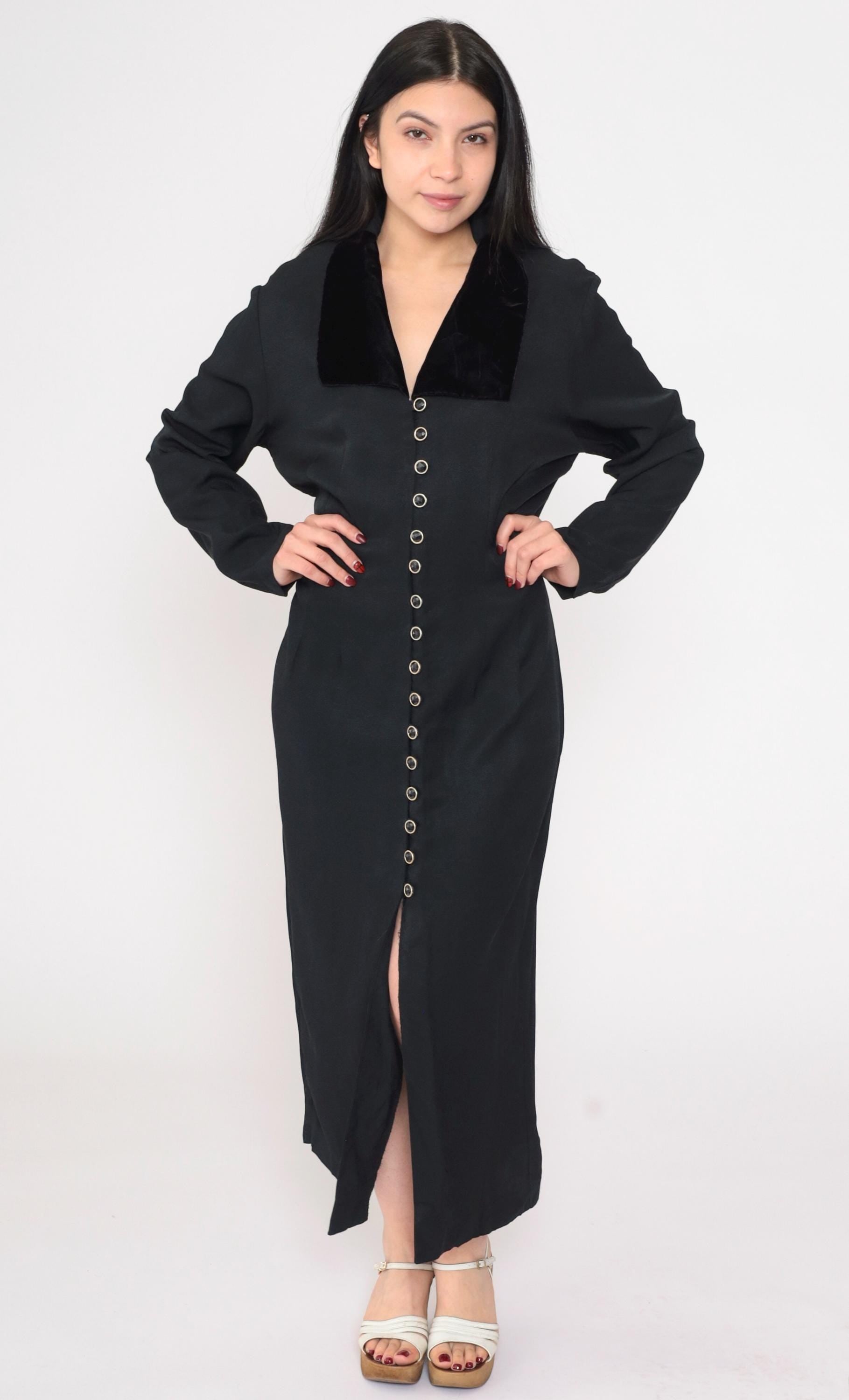90s Black Velvet Collar Maxi Shirtdress Button Front Slit Large L