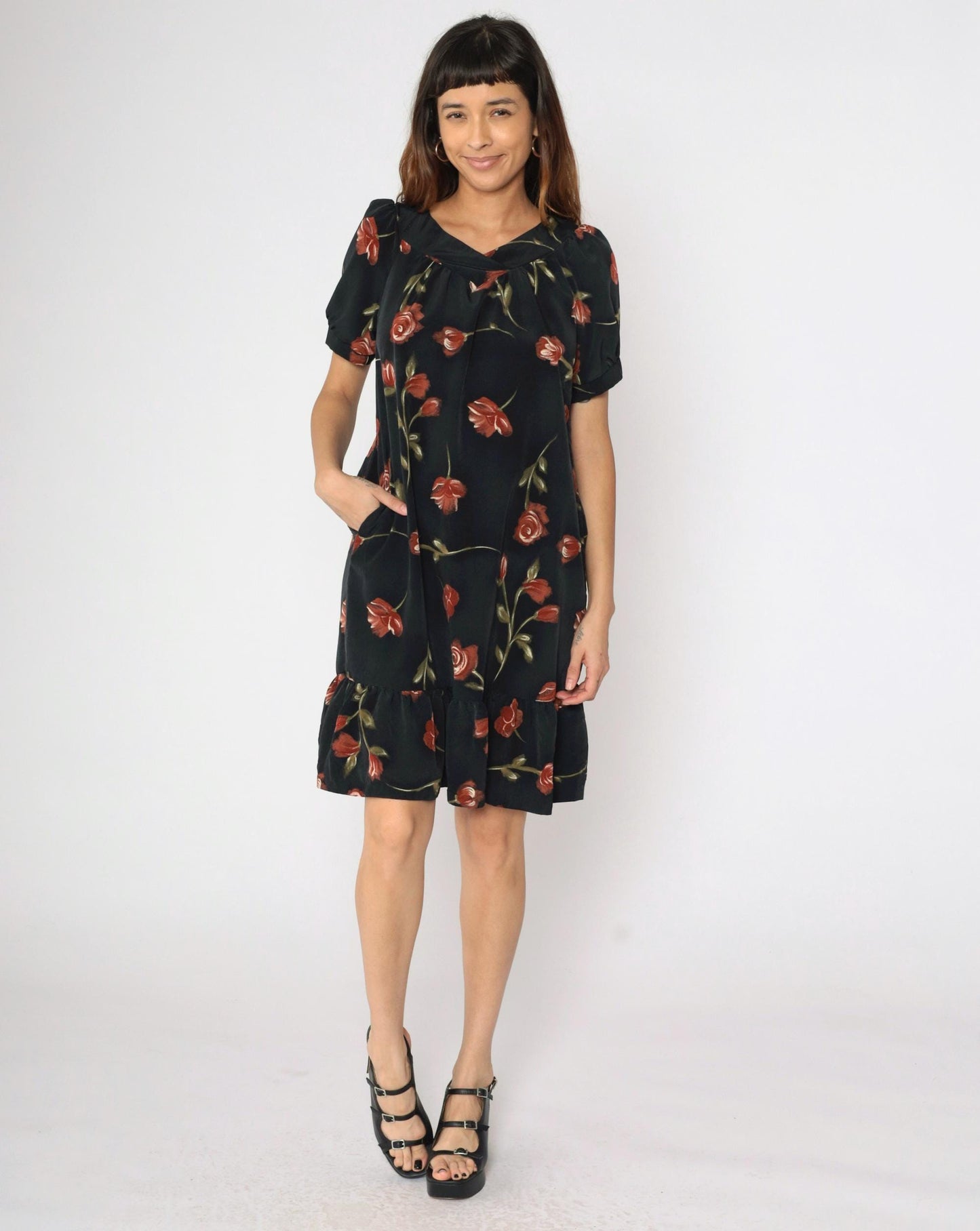 90s Black Floral Mini Dress Puff Sleeve A-Line Red Rose Print Medium