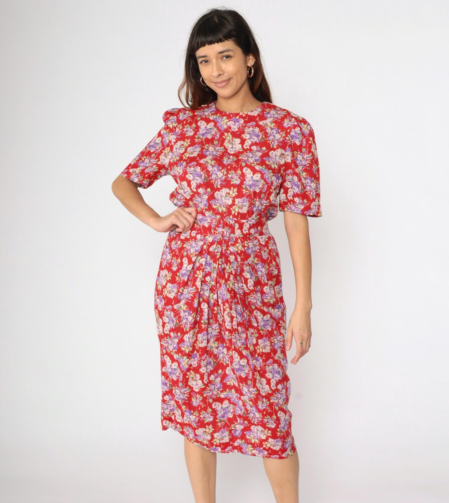 90s Karin Stevens Floral Midi Dress Red Puff Sleeve High Waist Medium 8