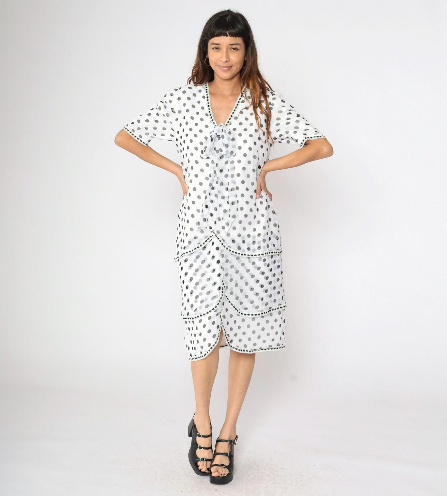 80s White Polka Dot Chiffon Midi Dress Puff Sleeve Ascot Bow Medium