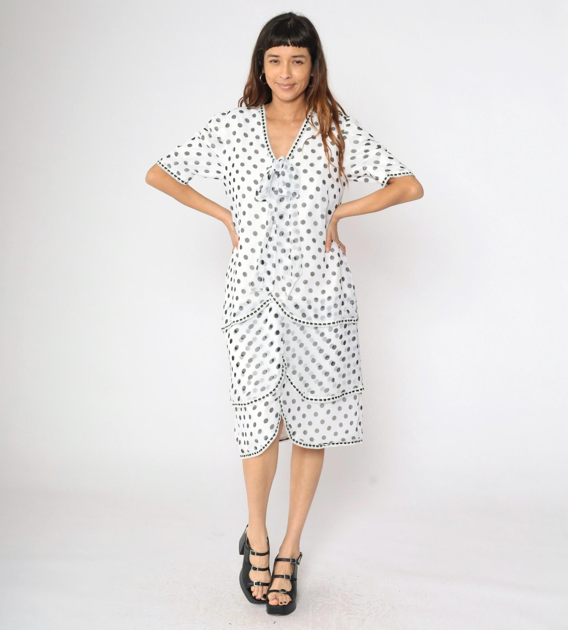80s White Polka Dot Chiffon Midi Dress Puff Sleeve Ascot Bow Medium