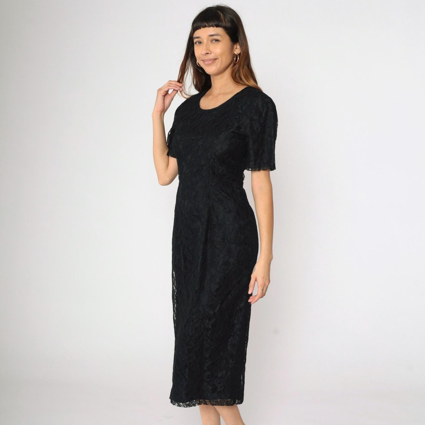 90s Black Lace Midi Dress Sheath Corset Lace-Up Back Short Sleeve Medium