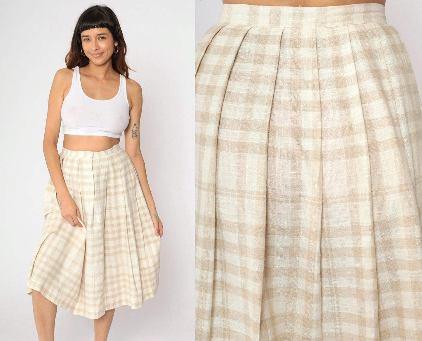90s Tan Cream Plaid Pleated Midi Skirt High Waist Small