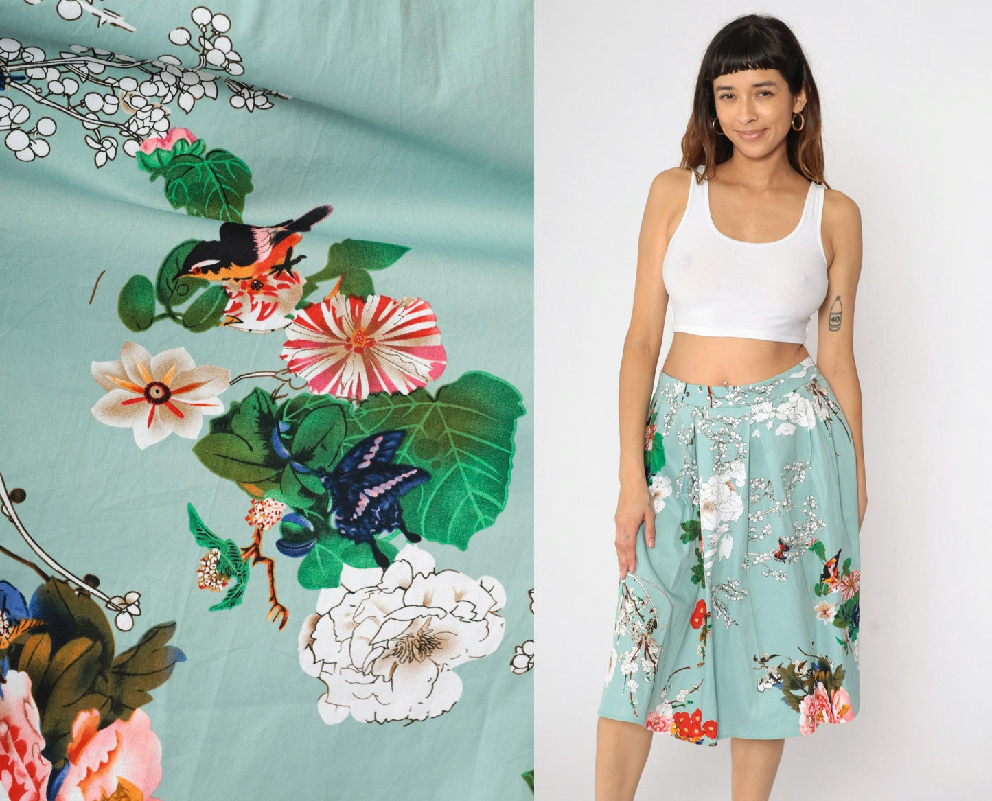 90s Floral Butterfly Midi Skirt Seafoam High Waist Pleated Plus Size XXL