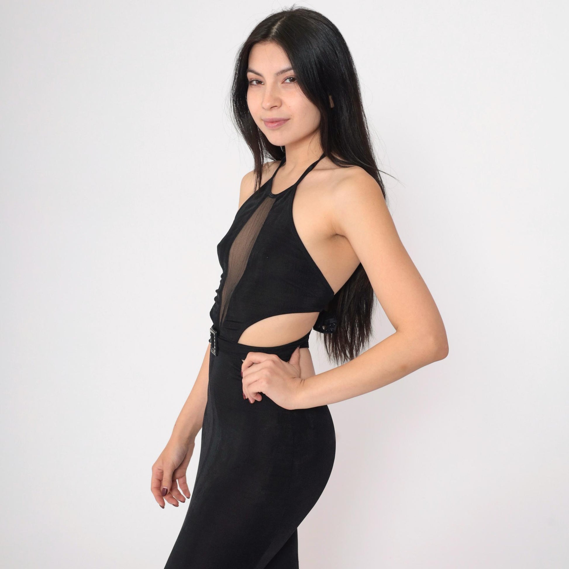 90s Black Halter Maxi Dress Mesh Cutout Open Back Evening Small