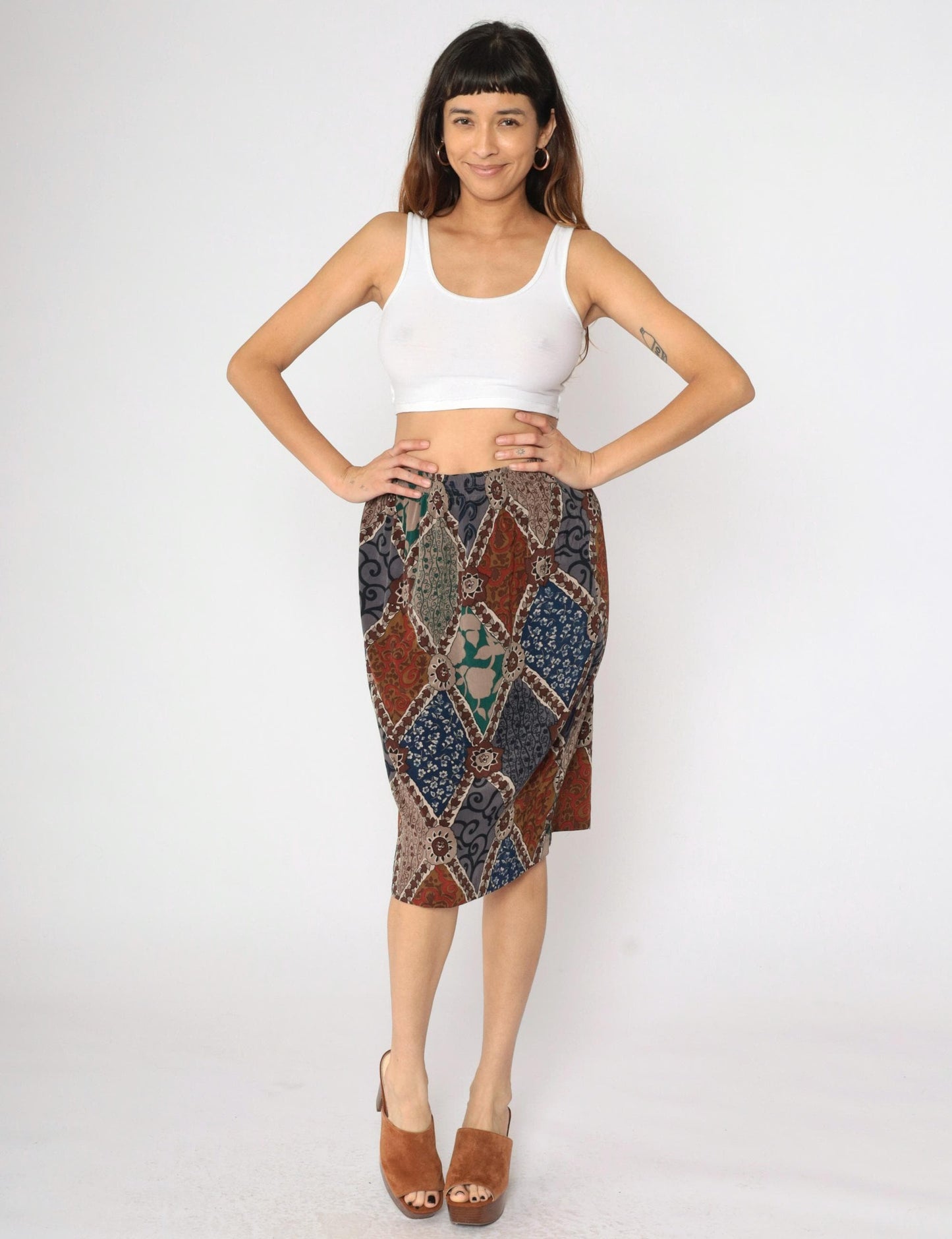 90s Patchwork Floral Midi Skirt High Waist Pencil Cut Red Grey Blue Medium