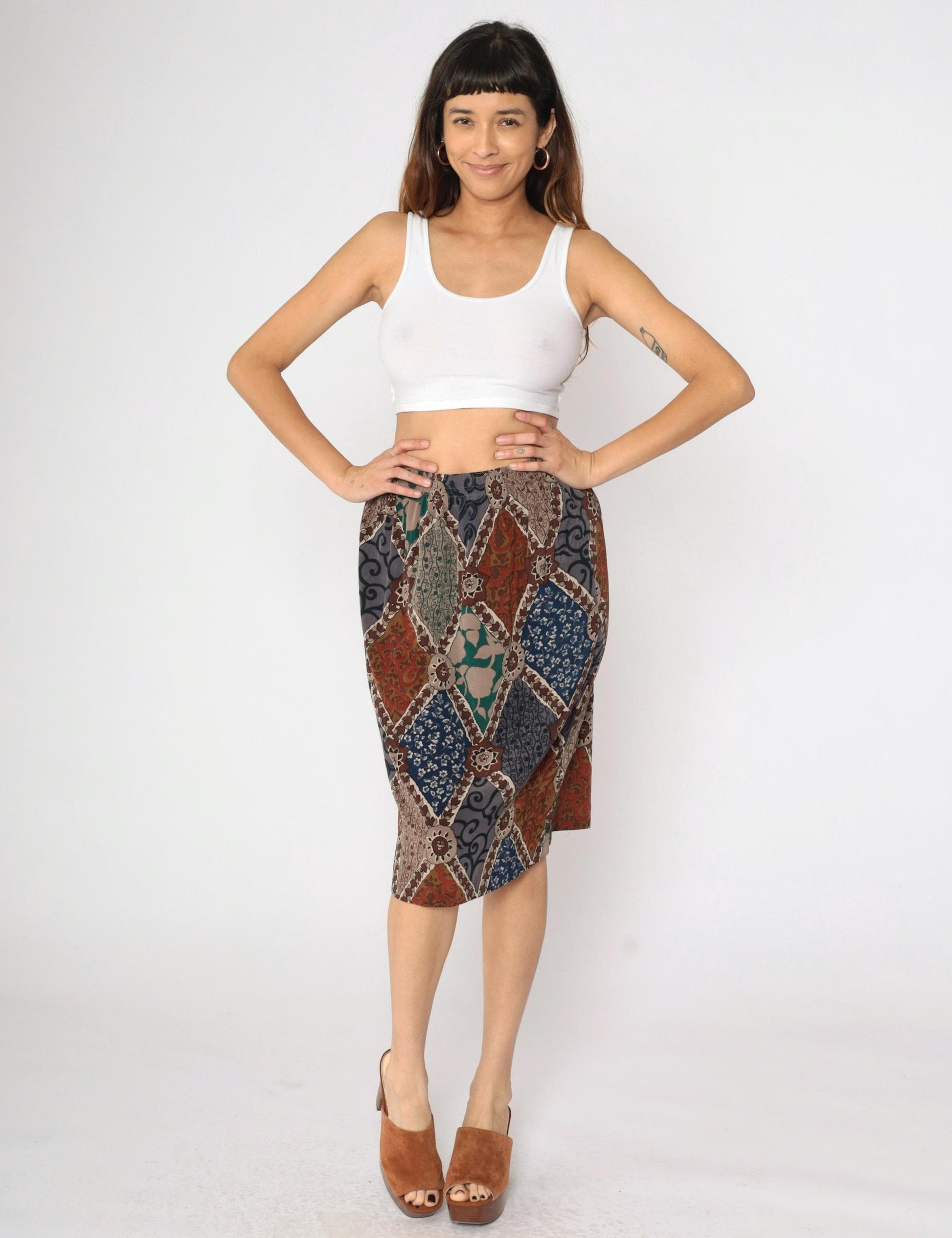 90s Patchwork Floral Midi Skirt High Waist Pencil Cut Red Grey Blue Medium
