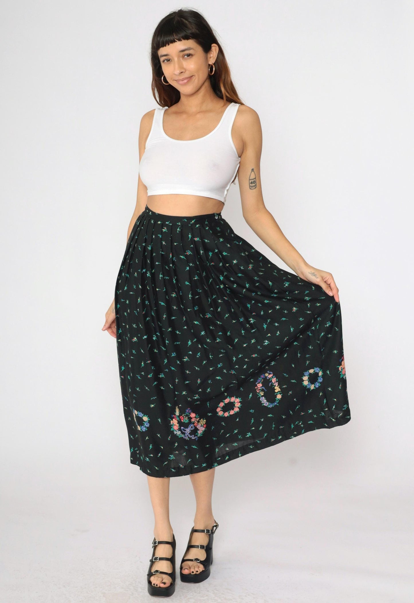 90s The Eagle's Eye Floral Midi Skirt Black Botanical Rayon Small