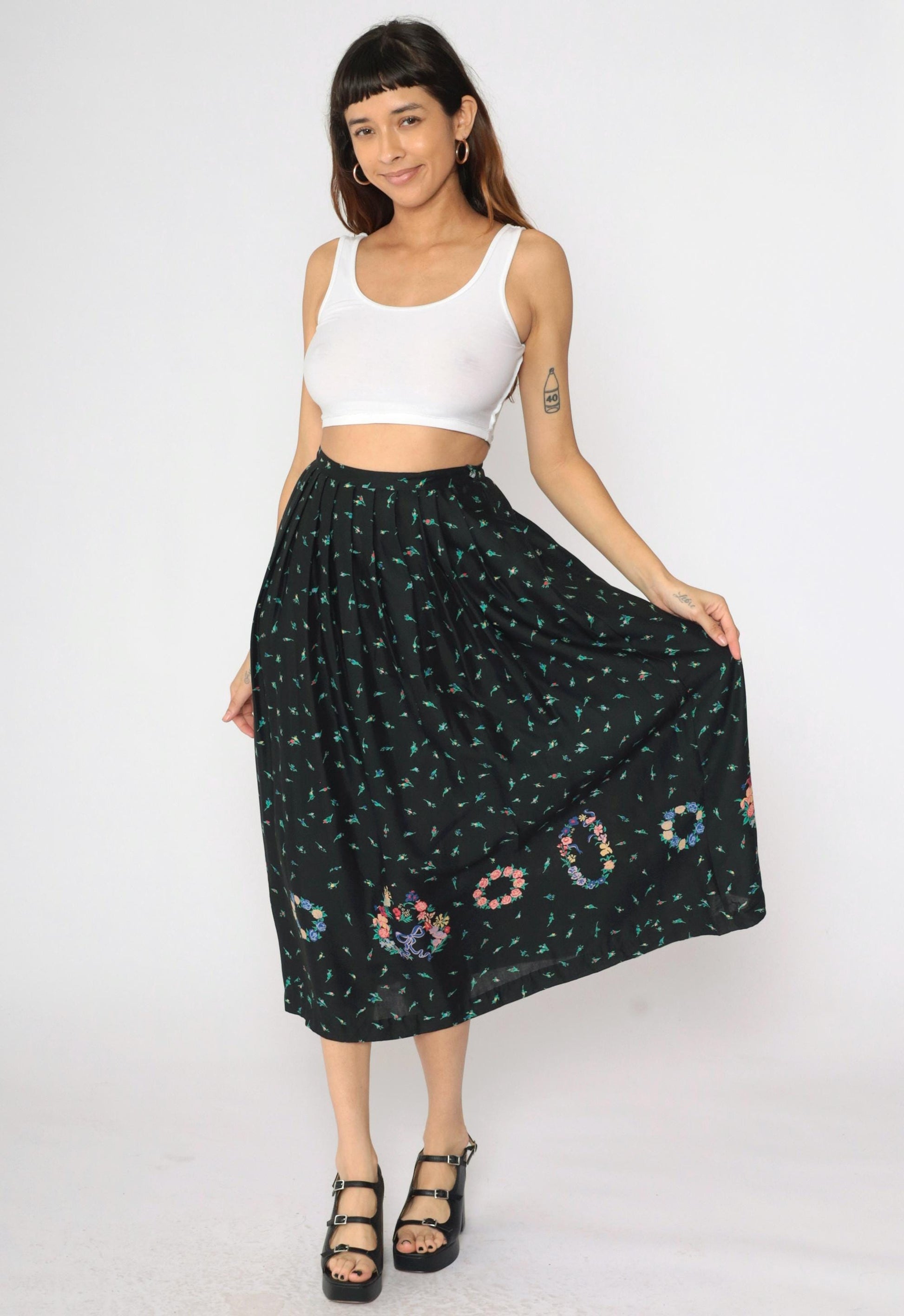 90s The Eagle's Eye Floral Midi Skirt Black Botanical Rayon Small