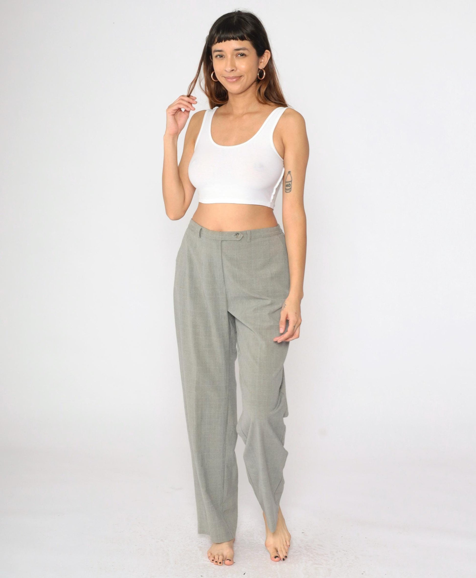 90s Grey Plaid Straight Leg Trousers High Rise Vintage Kim Rogers Medium