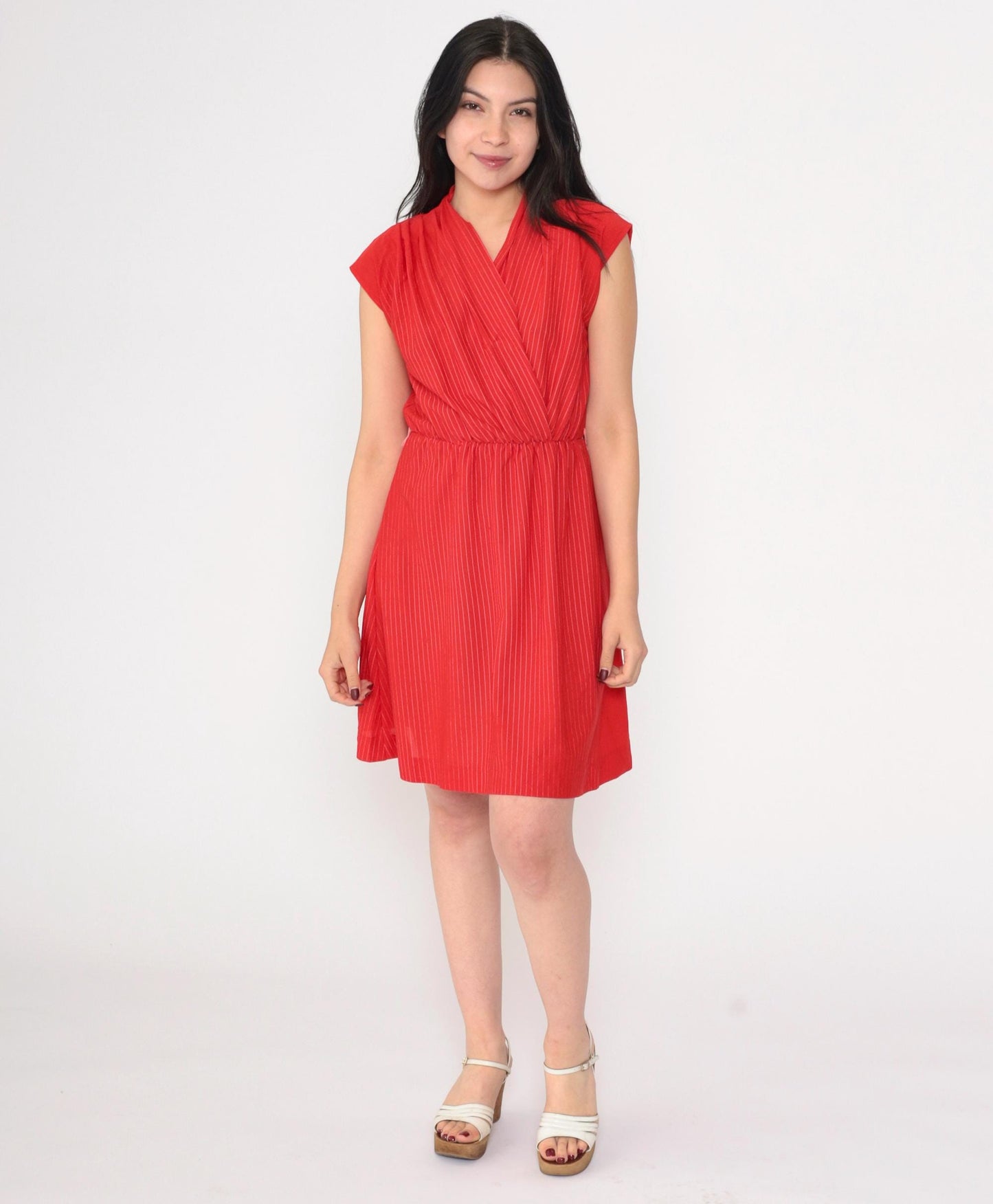 70s Red Striped Wrap Dress V Neck Mini Elastic Waist Cap Sleeve Small
