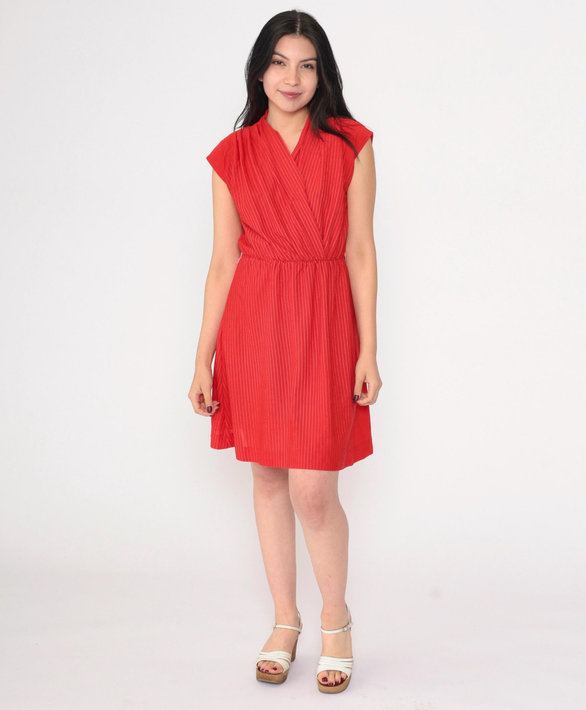 70s Red Striped Wrap Dress V Neck Mini Elastic Waist Cap Sleeve Small
