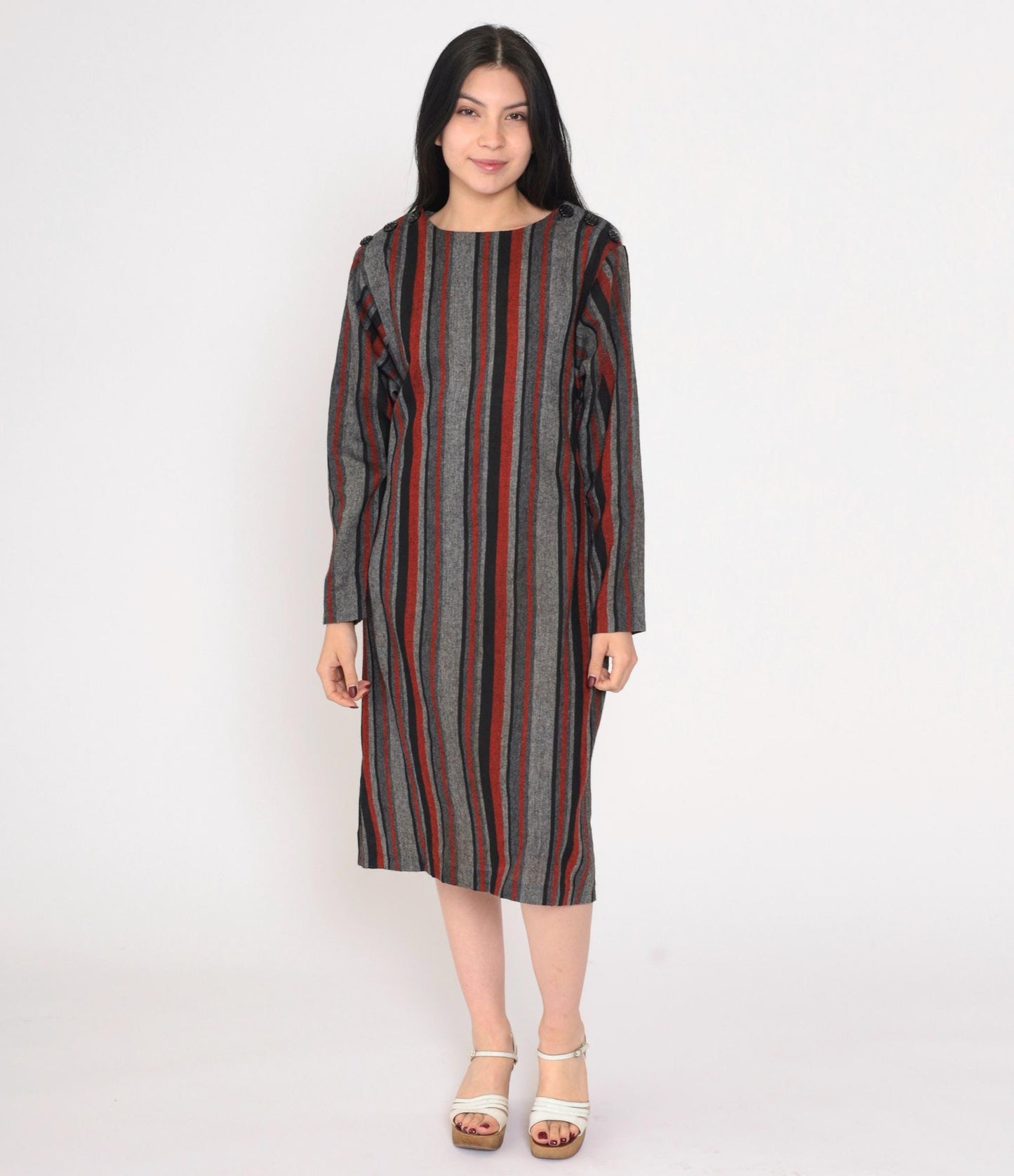 80s Grey Red Striped Midi Shift Dress Button Shoulders Long Sleeve Medium